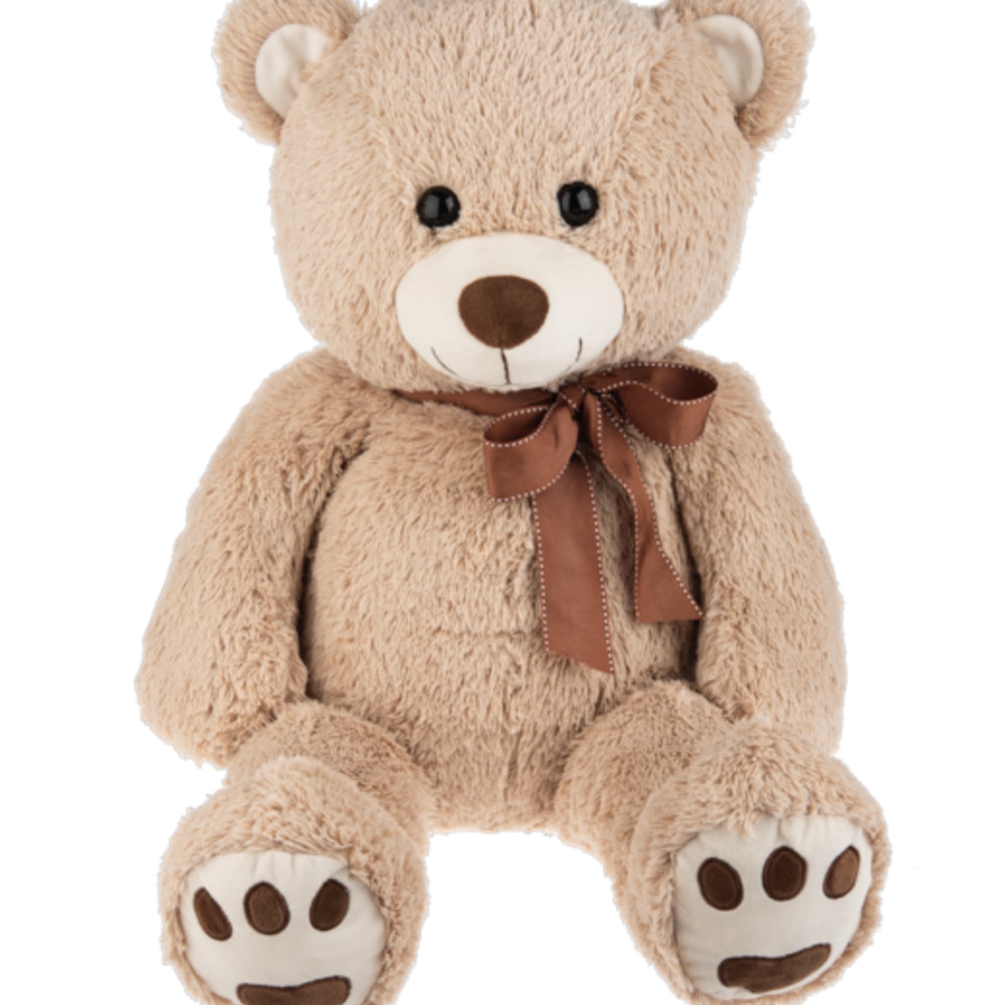 Large tan teddy bear with brown bow sitting upright facing forward