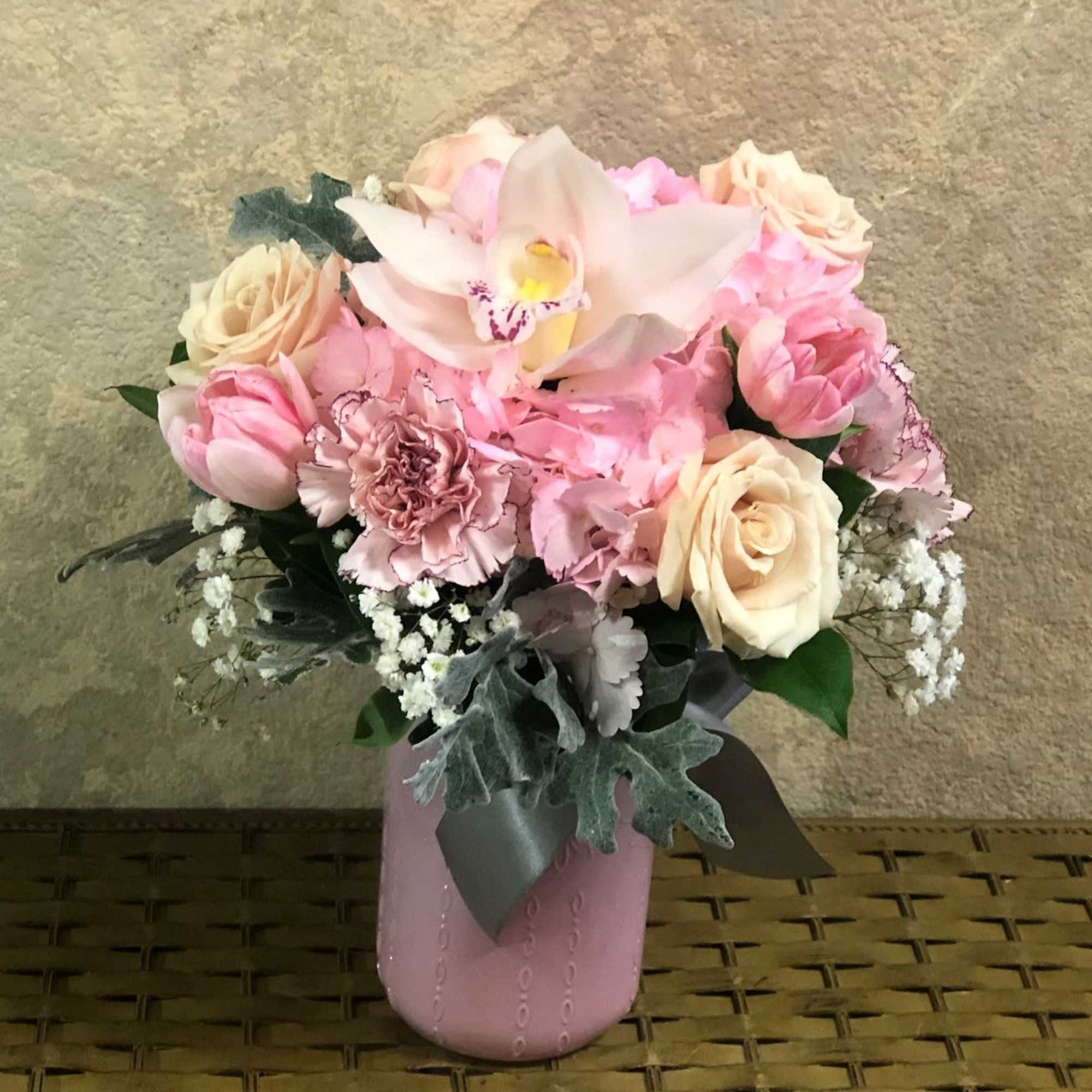 Type of Flowers: Pink Hydrangeas, White Cymbidium Orchids, Pink Tulips, White Spray, photo 2 of 2