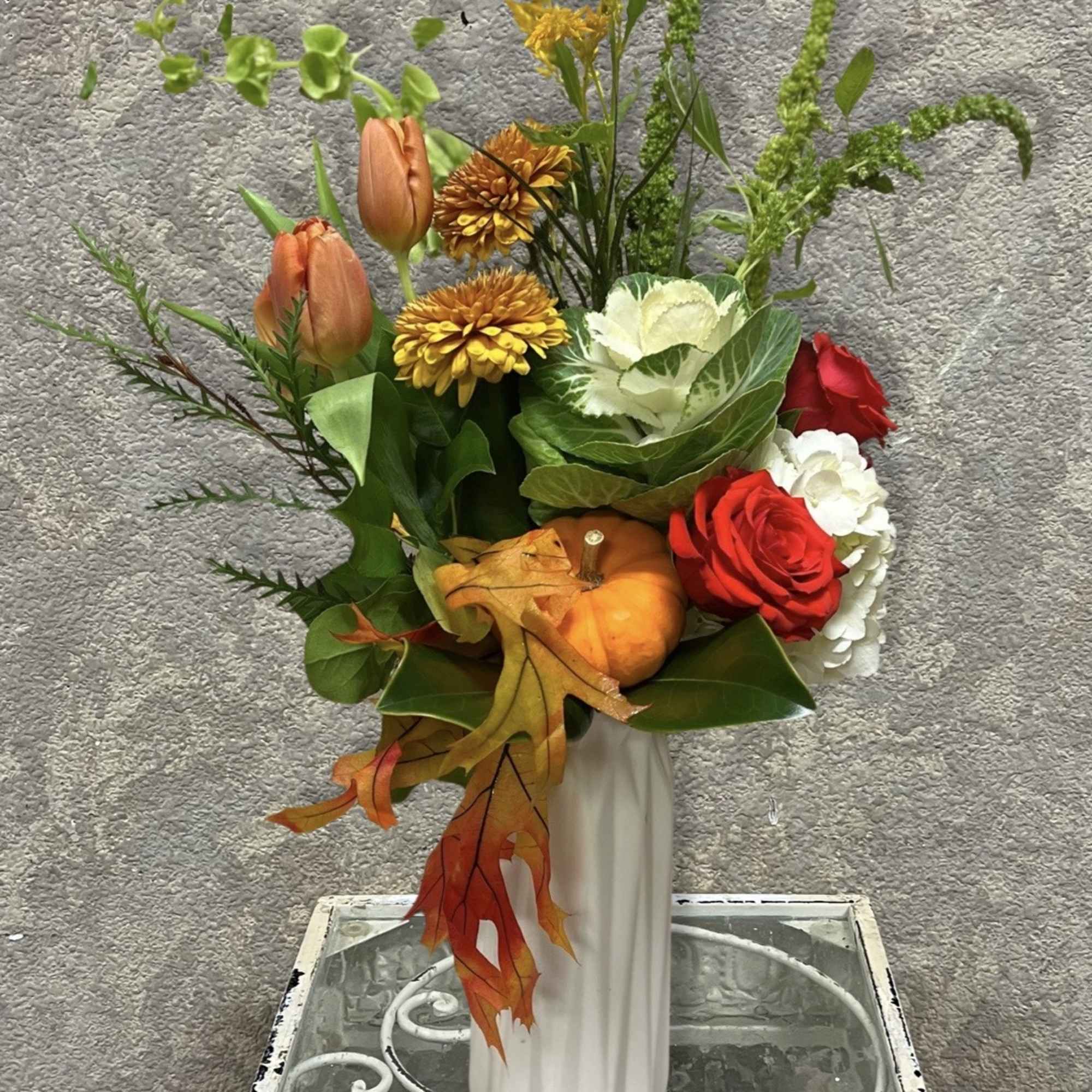 Recipe: Orange Tulips, Pink Stargazer, White Hydrangeas, Brown Chrysthemums, Yellow Amaranthus, Cabbage, photo 2 of 2