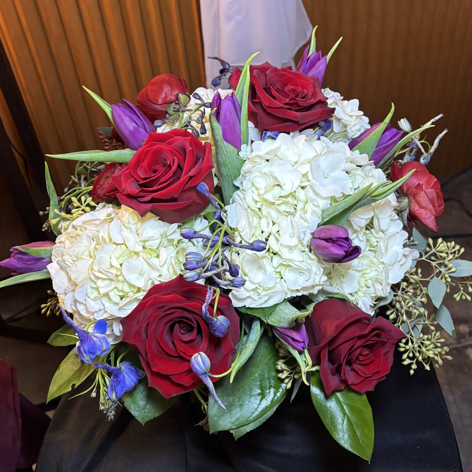 Bouquet of red roses, white hydrangeas, and purple tulips, photo 2 of 2