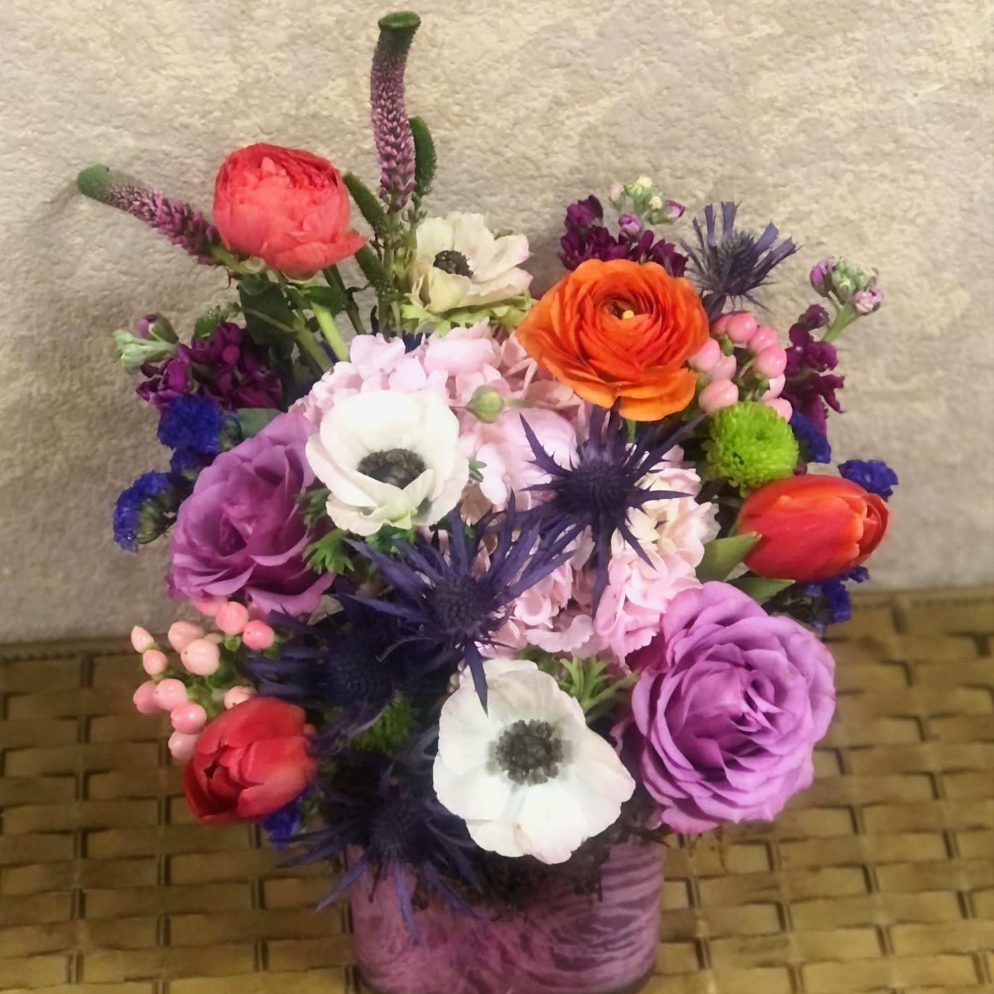 Bright and Cheerful with roses, anemone, ranunculus, tulips, stock all in a, photo 2 of 2