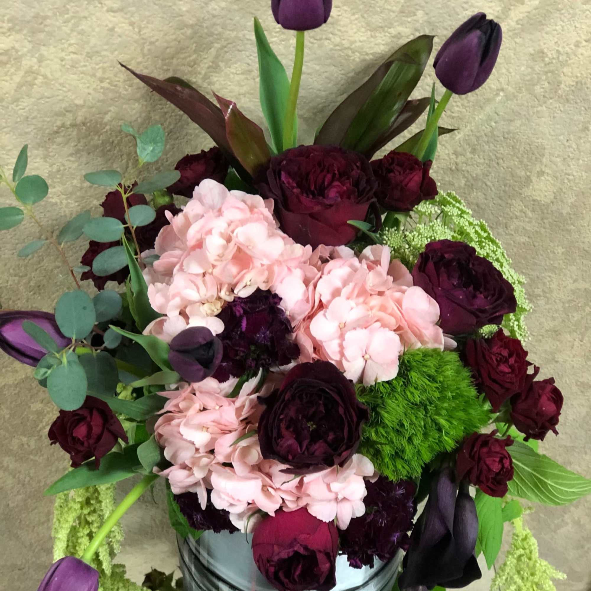 Type of Flowers: Pink Hydrangea, Red Garden Roses, Red Spray Roses, Purple, photo 2 of 2