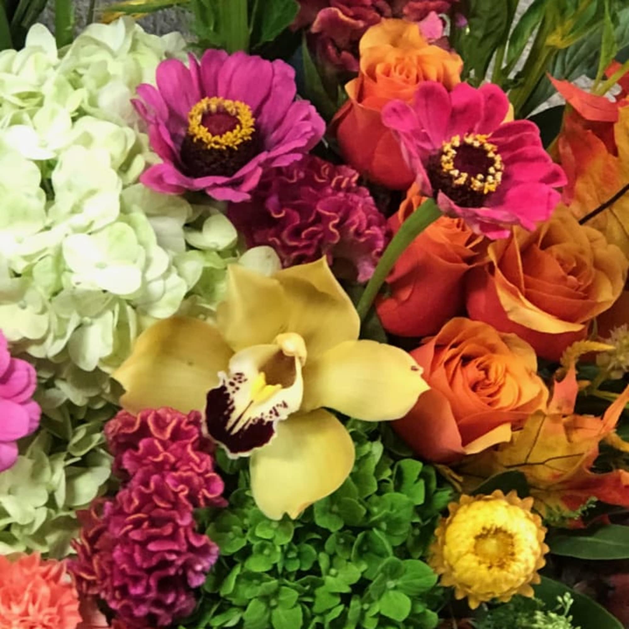 Recipe: Stunning bright, fall arrangement including Zinnias, Green Hydrangeas, Orange Roses, Yellow, photo 3 of 3