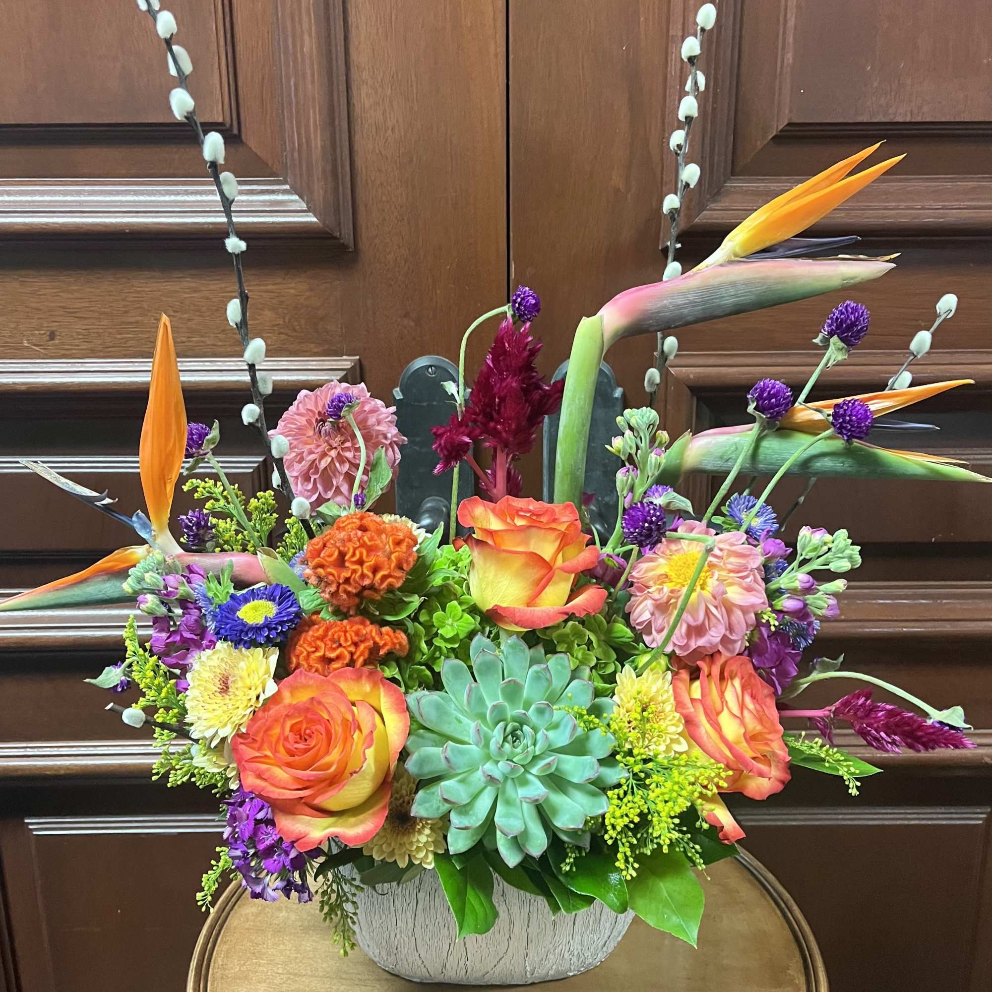 Recipe: Birds of Paradise, Seasonal Celosia, Seasonal Dahlias, Globe Amarathus, Snapdragons, Succulent
