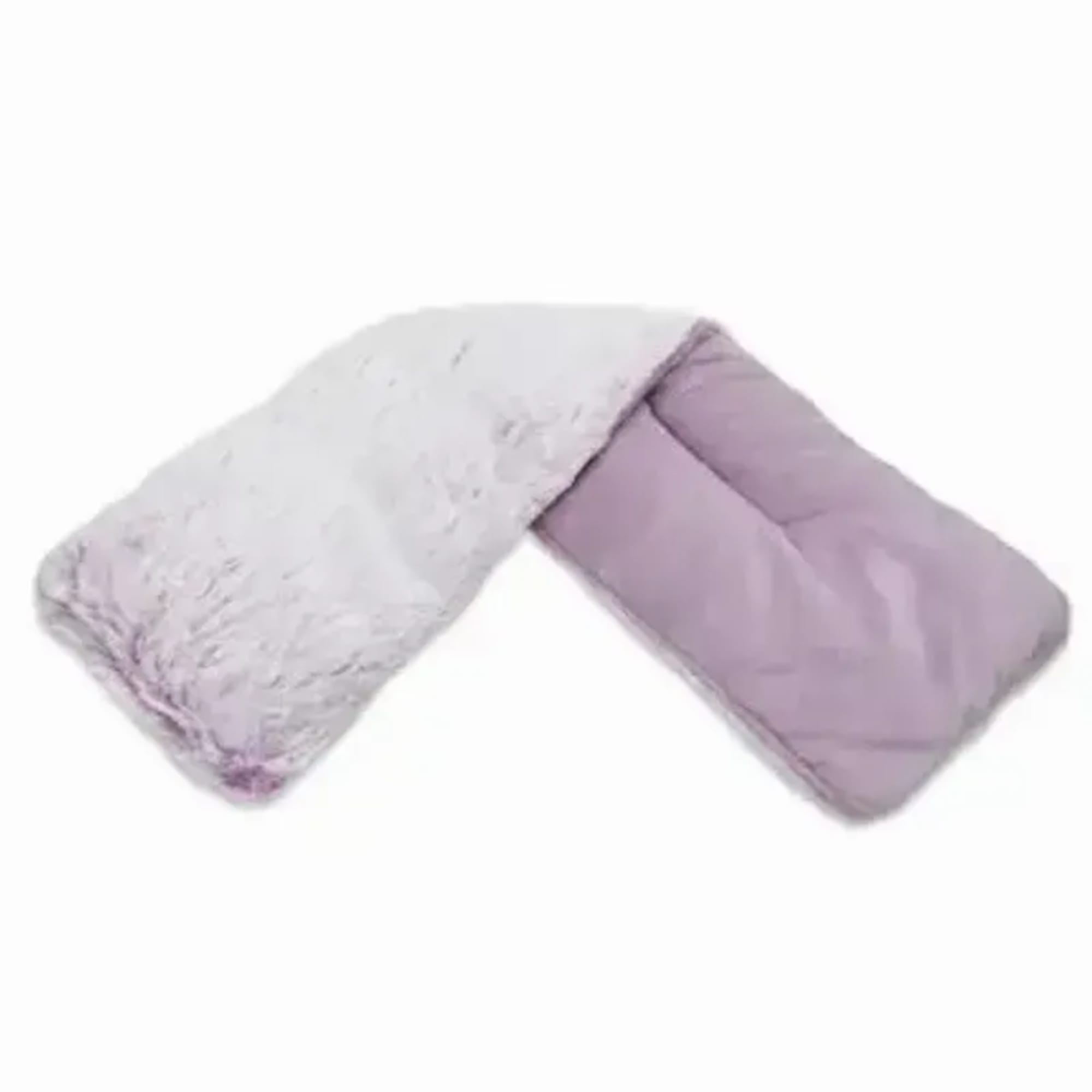 Two folded lavender and white quilted blankets on a white background