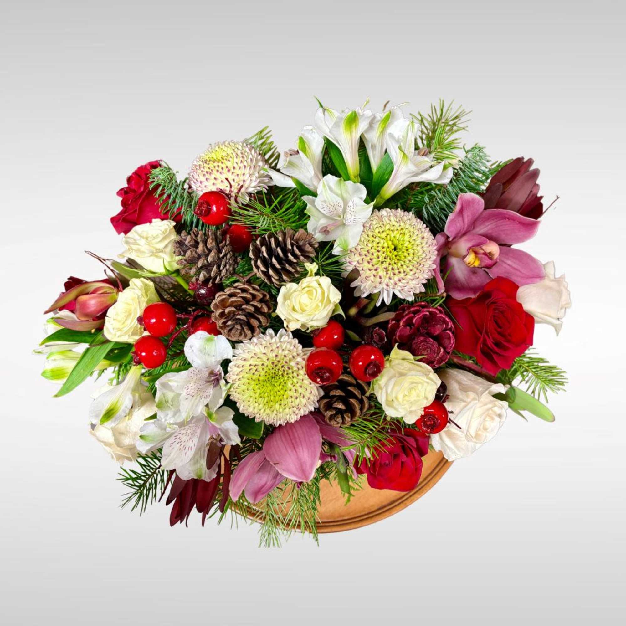 Perfect for winter brithdays!
Recipe: White Mums, White and Red Roses, Orhcids, Spray, photo 2 of 2