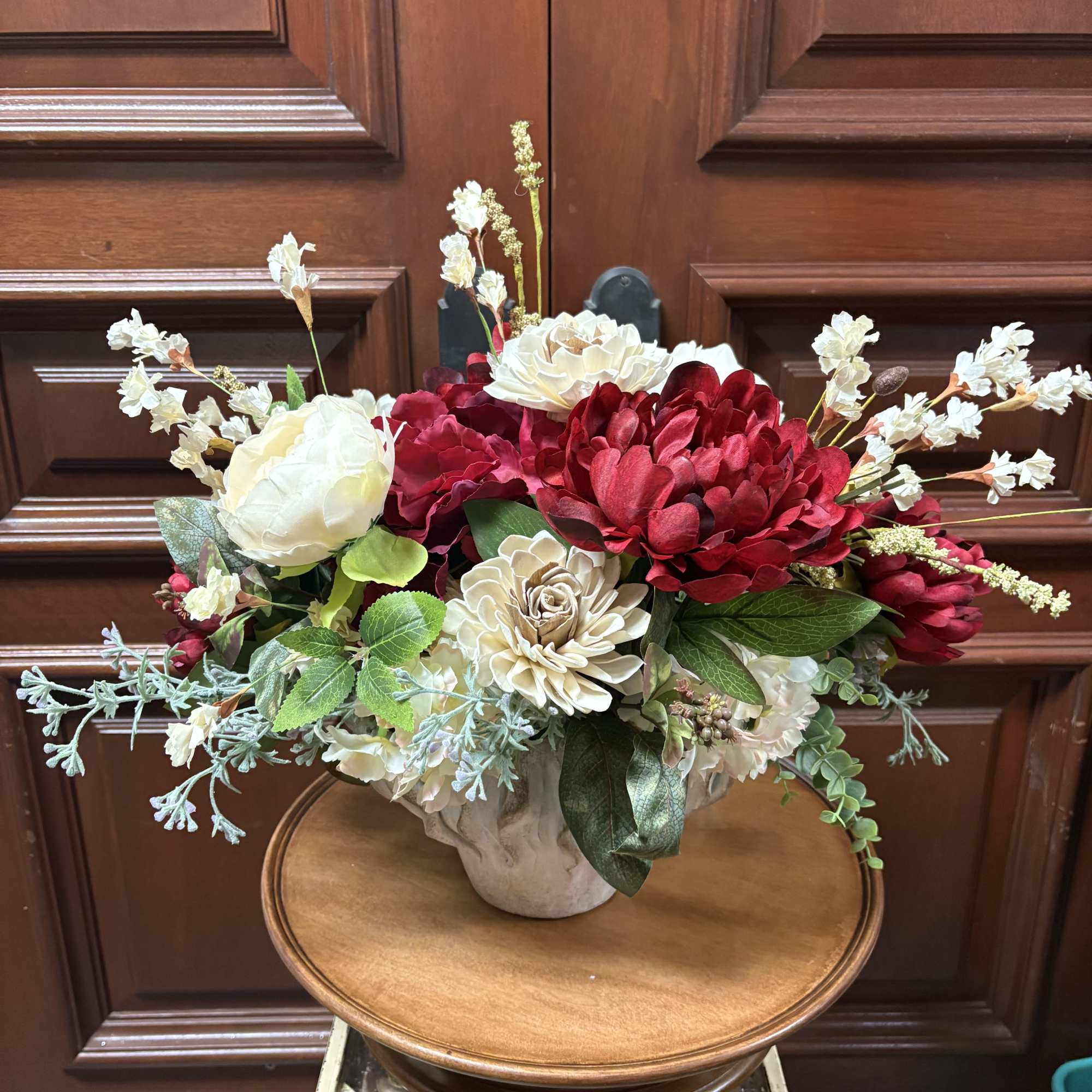 Luxury Faux flowers including red and white peonies, paper white flowers, greens