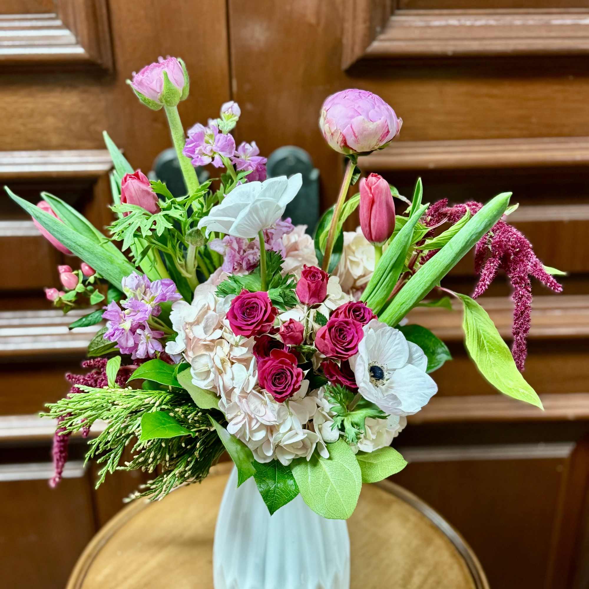 Recipe: Hydrangaes, Ranunculus, Anenomes, Spray Roses, Tulips, Amaranthus, and Stock in a, photo 2 of 2