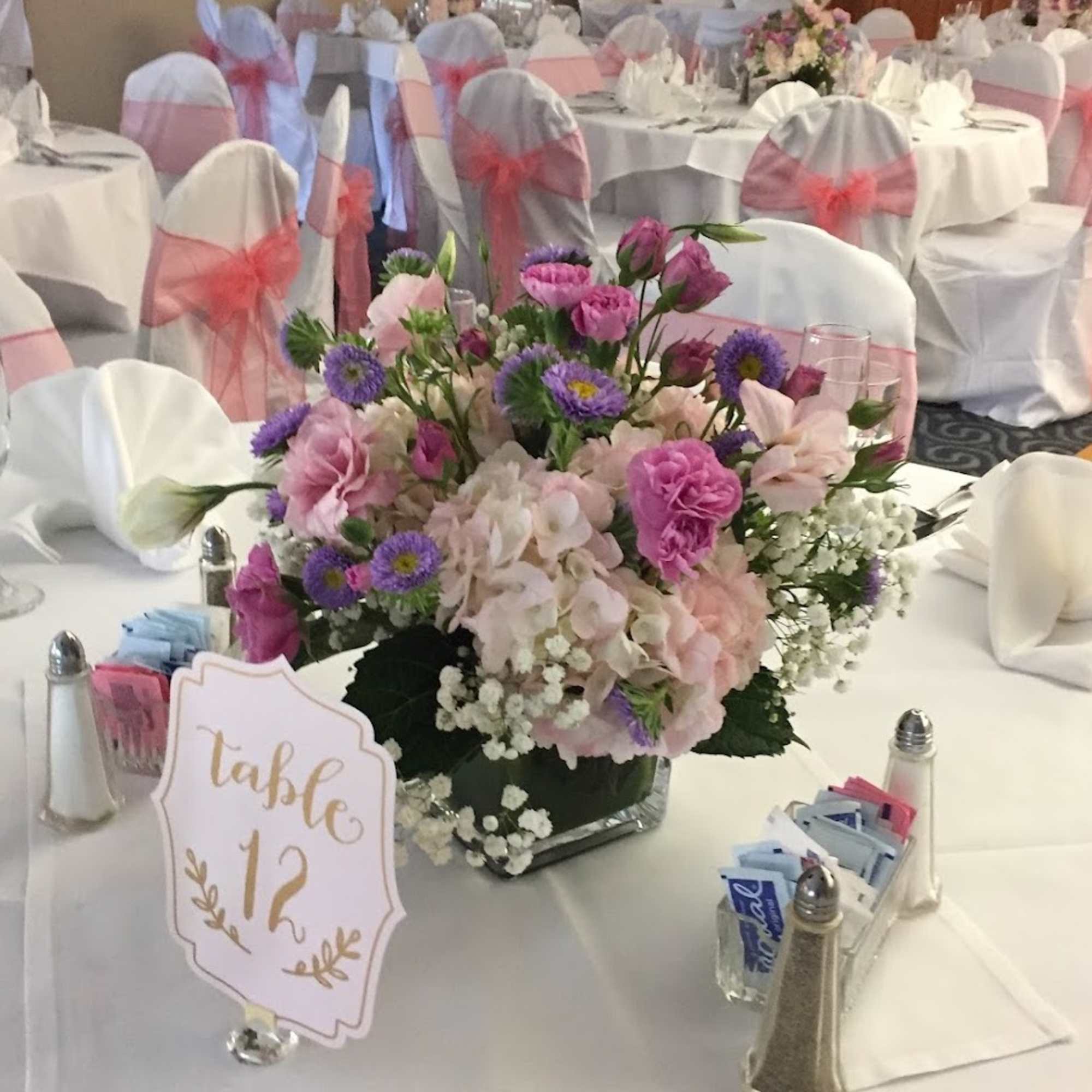 Sweet Pea centerpiece has Magenta and Pink Lisianthus, Purple Matsumoto Asters, Pink, photo 2 of 2