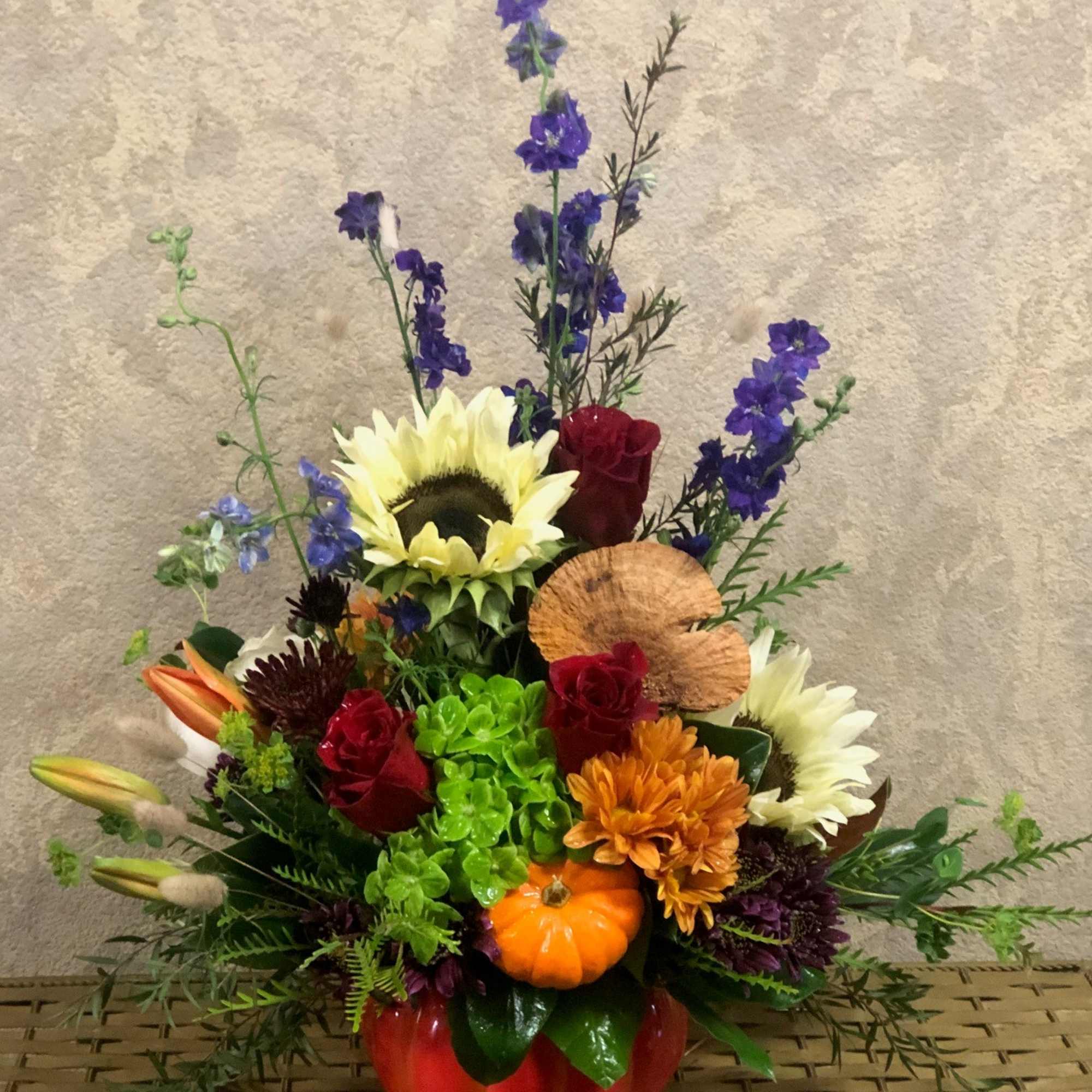 Type of Flowers: Purple Larkspur, Red Roses, Sunflowers, Green Hydrangea, Orange Lilies, photo 2 of 2