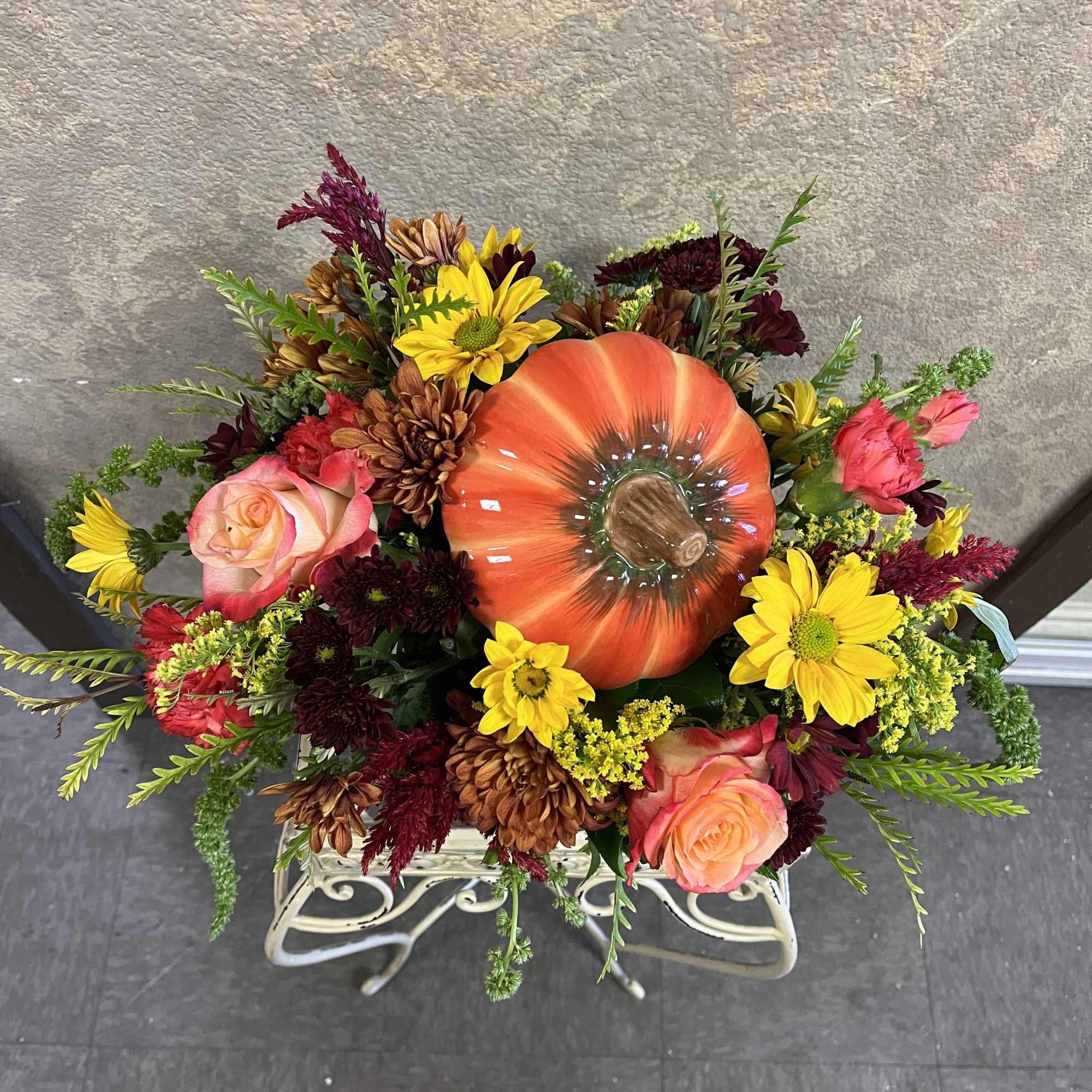 Type of Flowers:  Fall Daisies, Orange Roses, Dahlias, Pink Alstroemerias, and, photo 4 of 4
