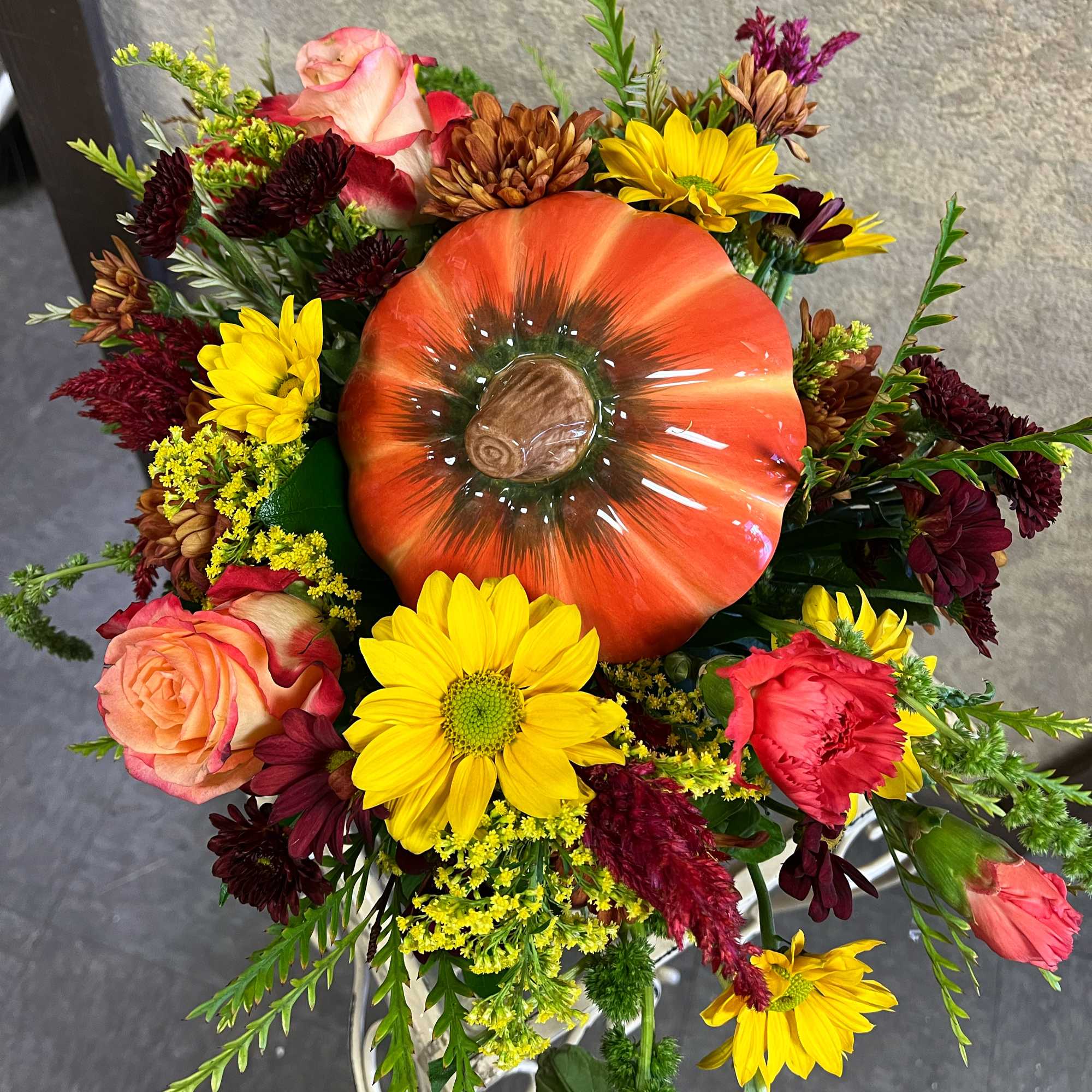 Type of Flowers:  Fall Daisies, Orange Roses, Dahlias, Pink Alstroemerias, and, photo 3 of 4