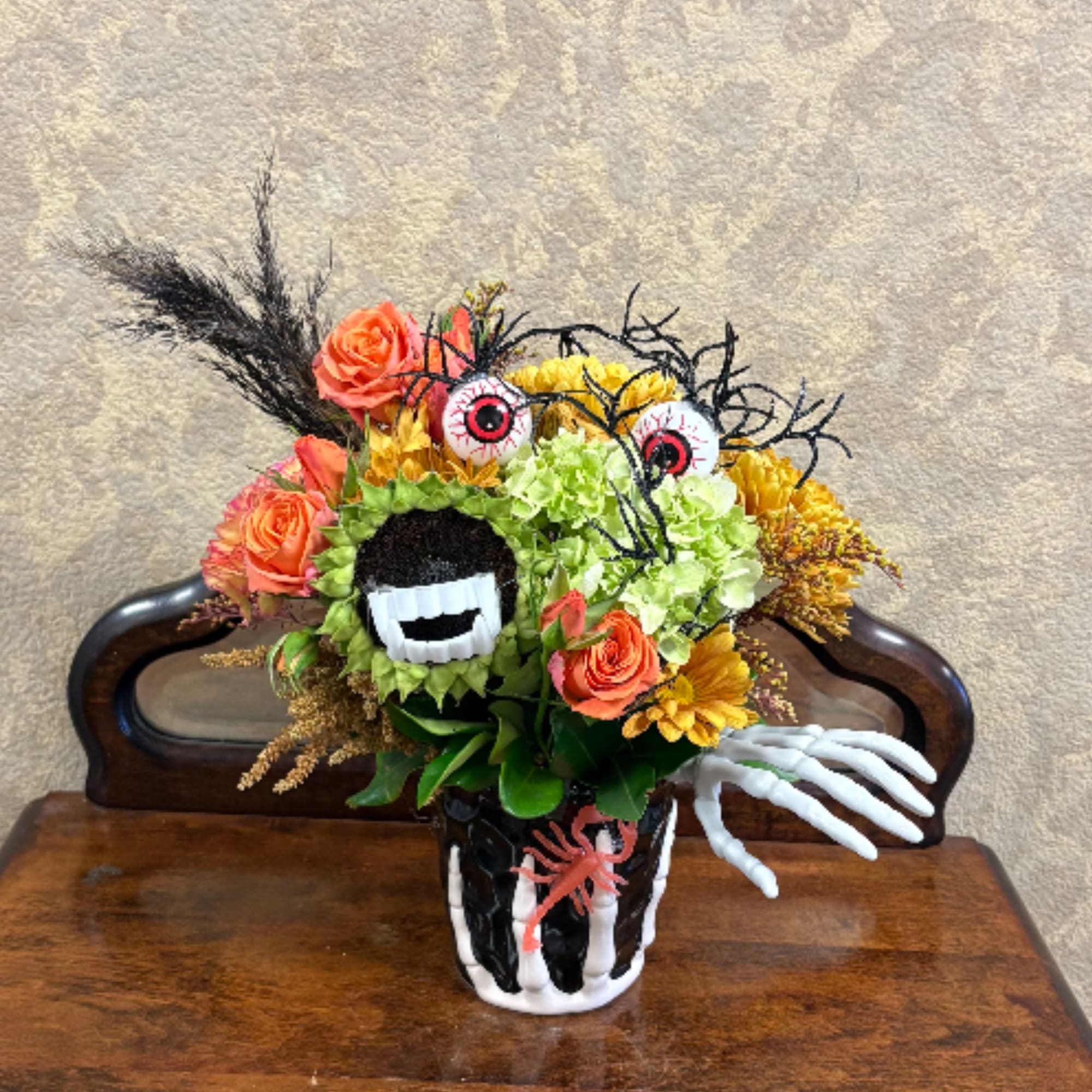 Recipe: Orange Spray Roses, Green Hydrangea, Sunflower, Chrysanthemum, Amaranths, and more with