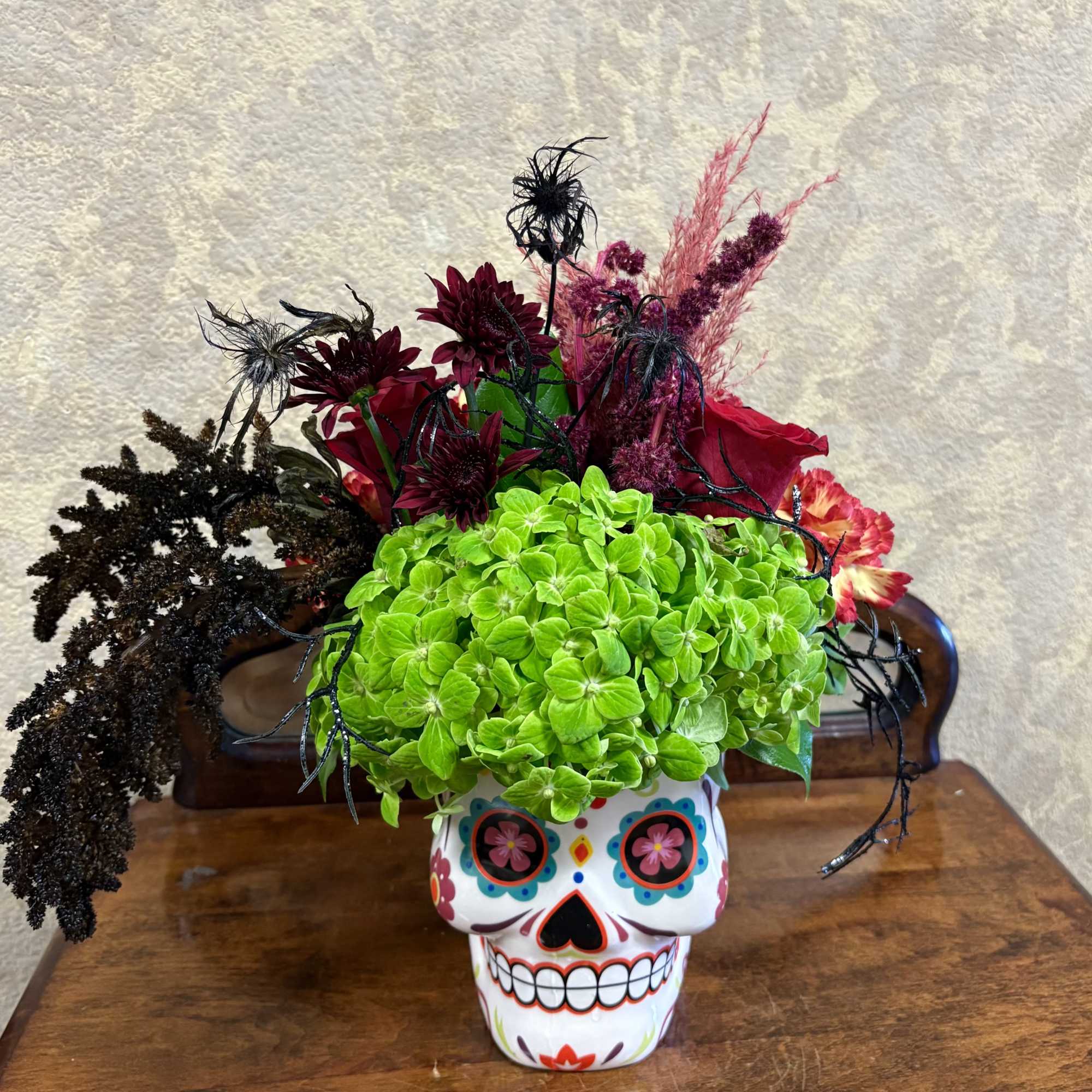 Type of Flowers: Red roses, Green Hydrangeas, Scabiosa, Amaranthus Caudatus, Celosia Cockscomb