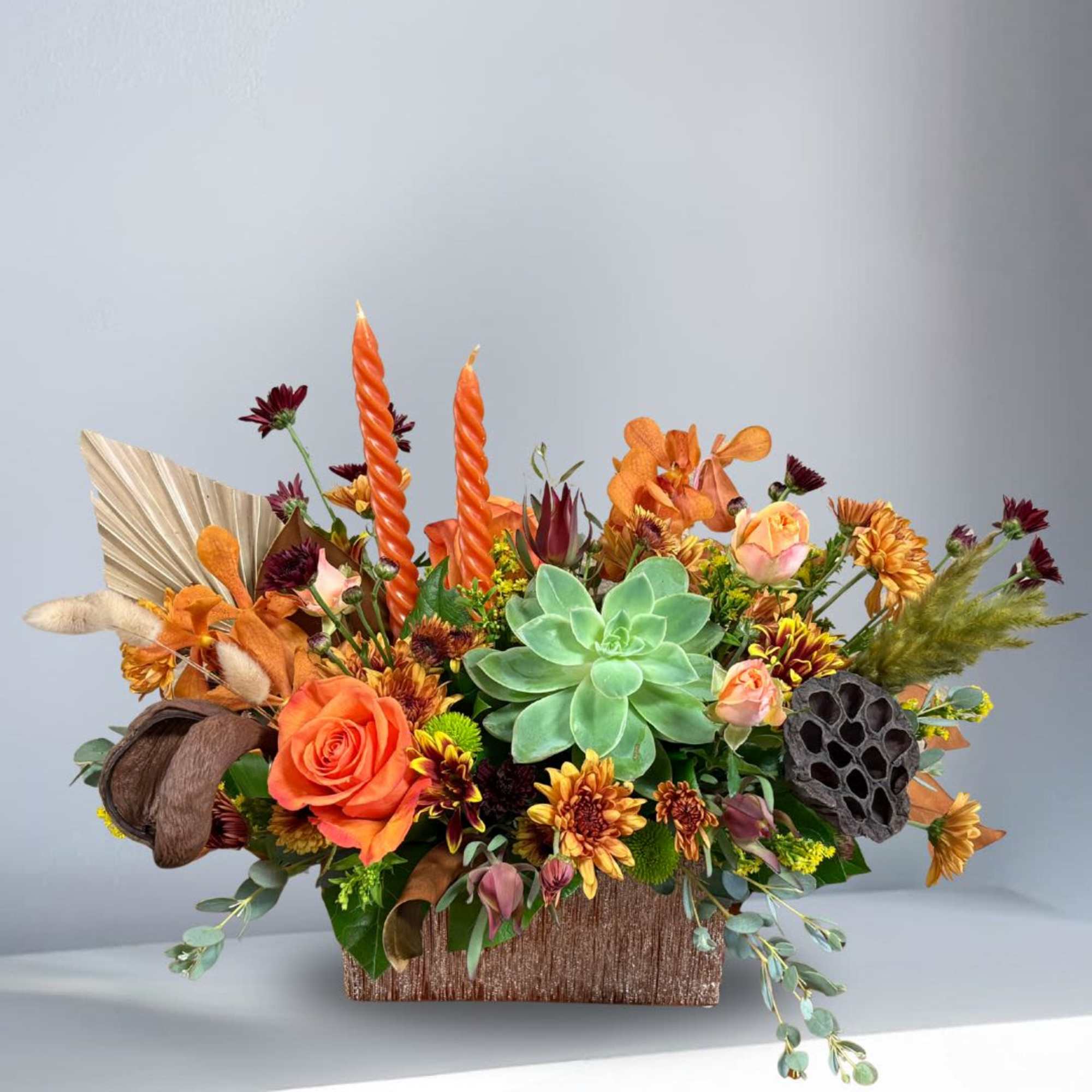 Type of Flowers: Fall Colored Flowers, Succulents, Autumn dried accents, and orange, photo 2 of 2