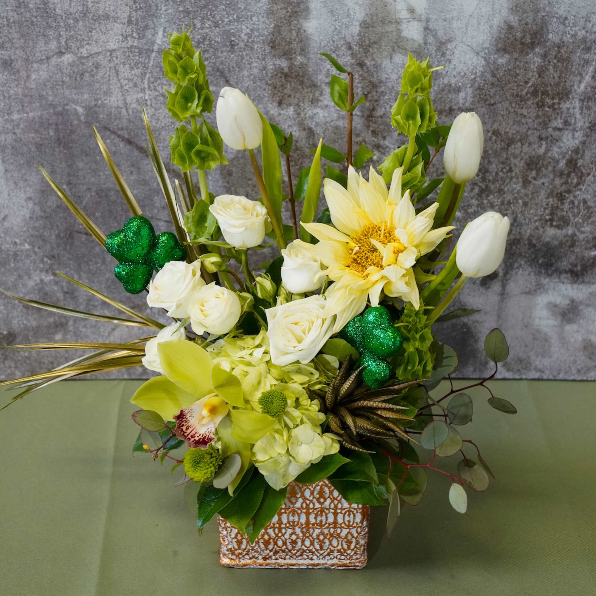 Type of Flowers: Bells of Ireland, White Tulips, Yellow Sunflower, Green Cymbidium, photo 3 of 3
