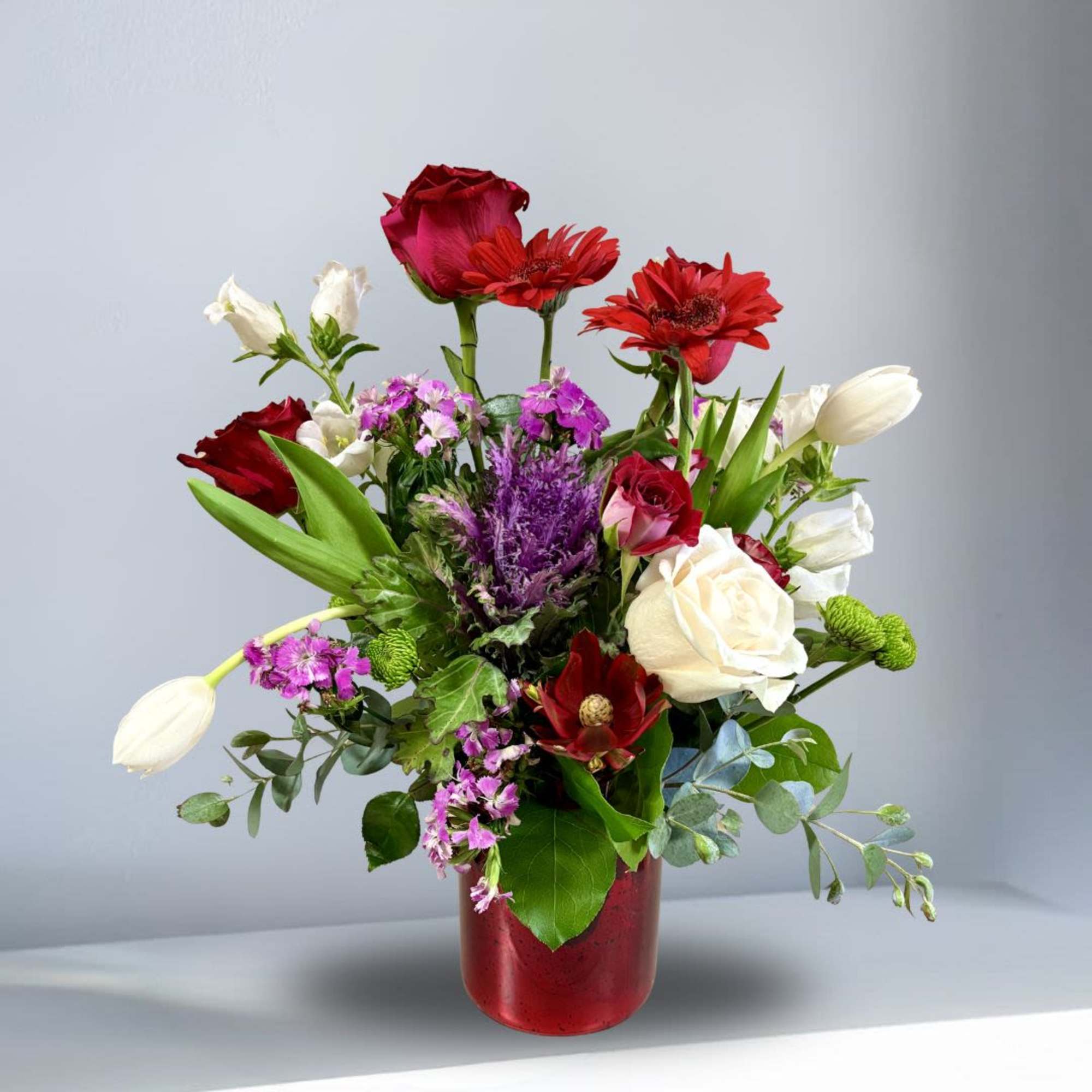 Moms would love with cool arrangement with Seasonal Campanula, Red Roses, White