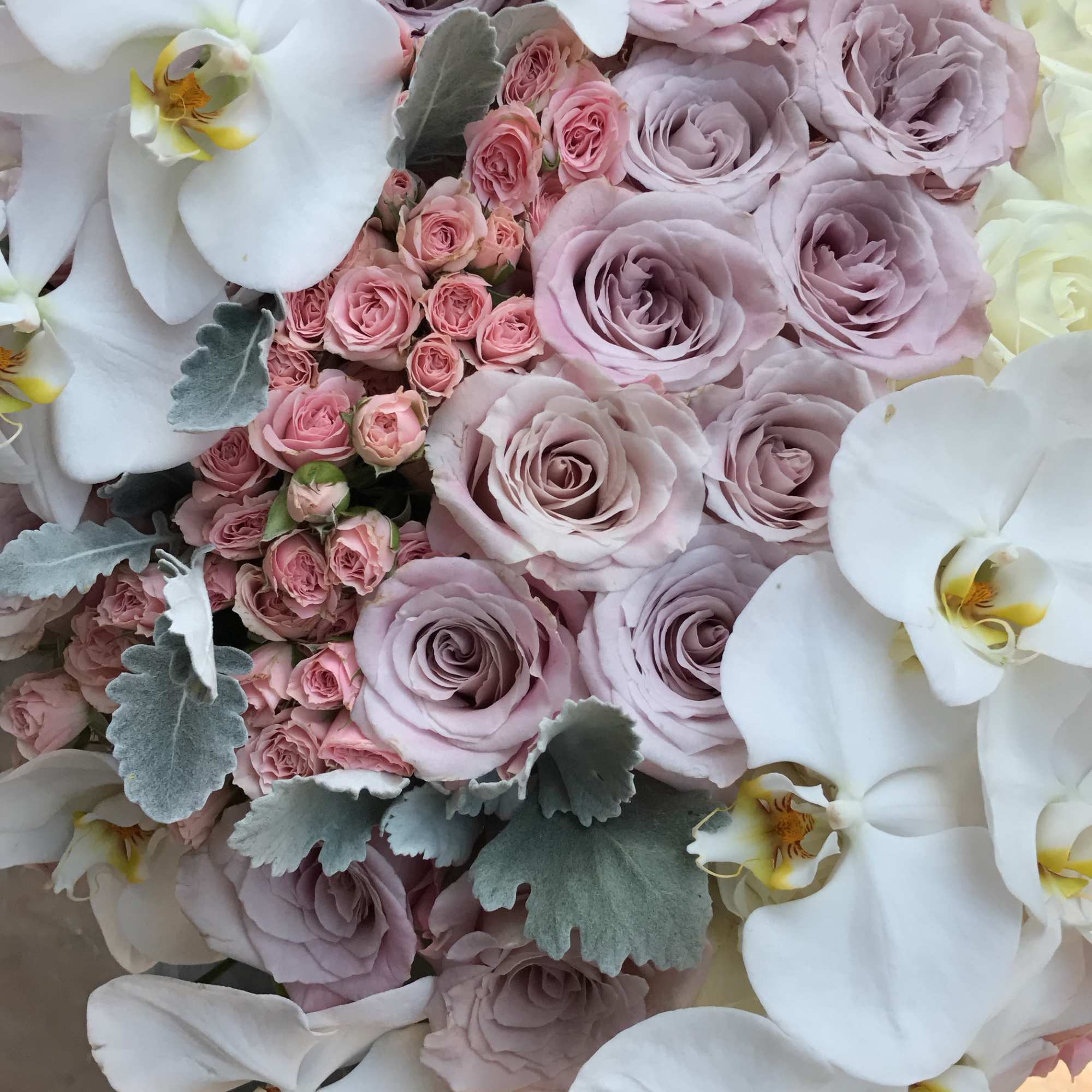 Bouquet of white orchids and pale pink roses in a round container