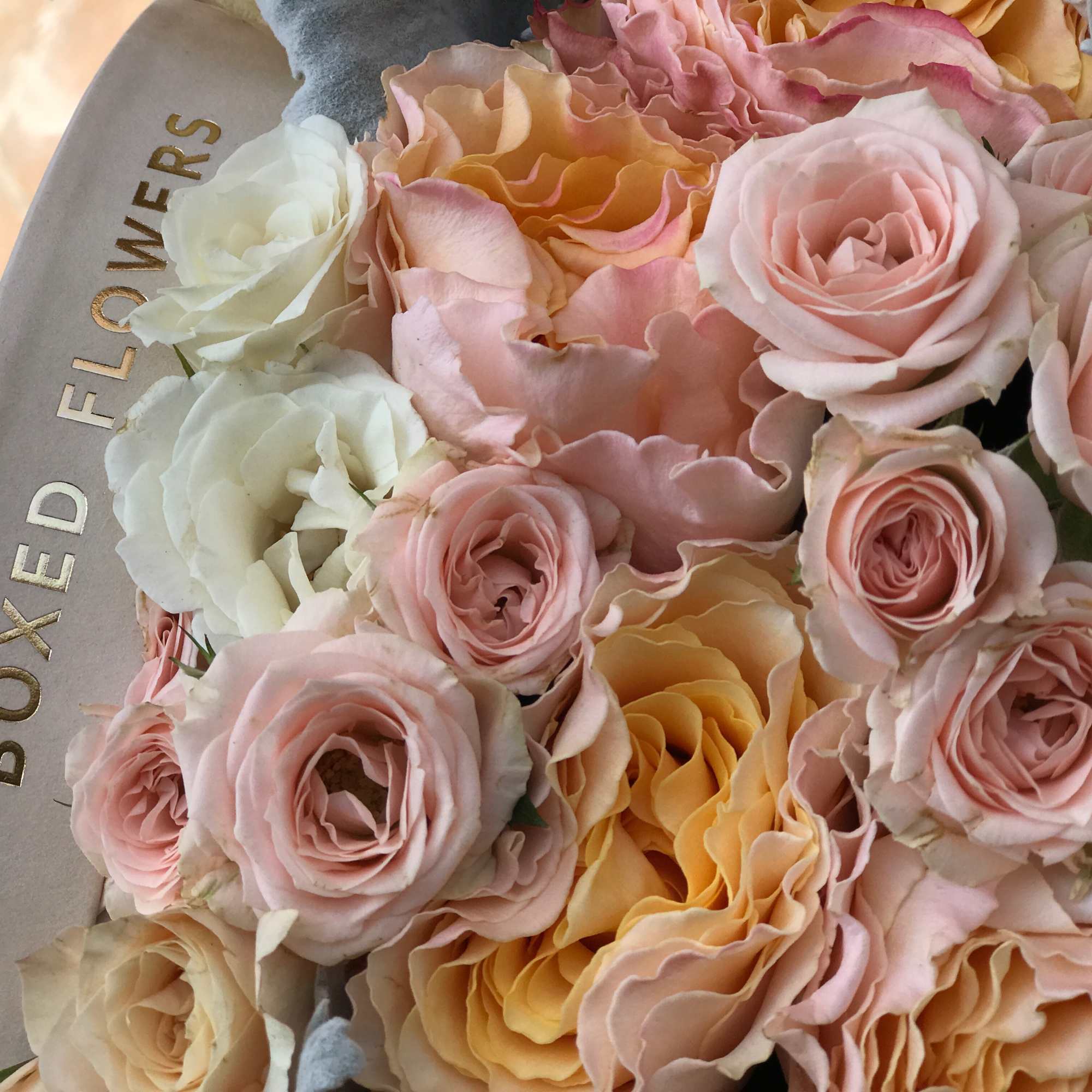 Bouquet of blush, peach, and white roses in a box