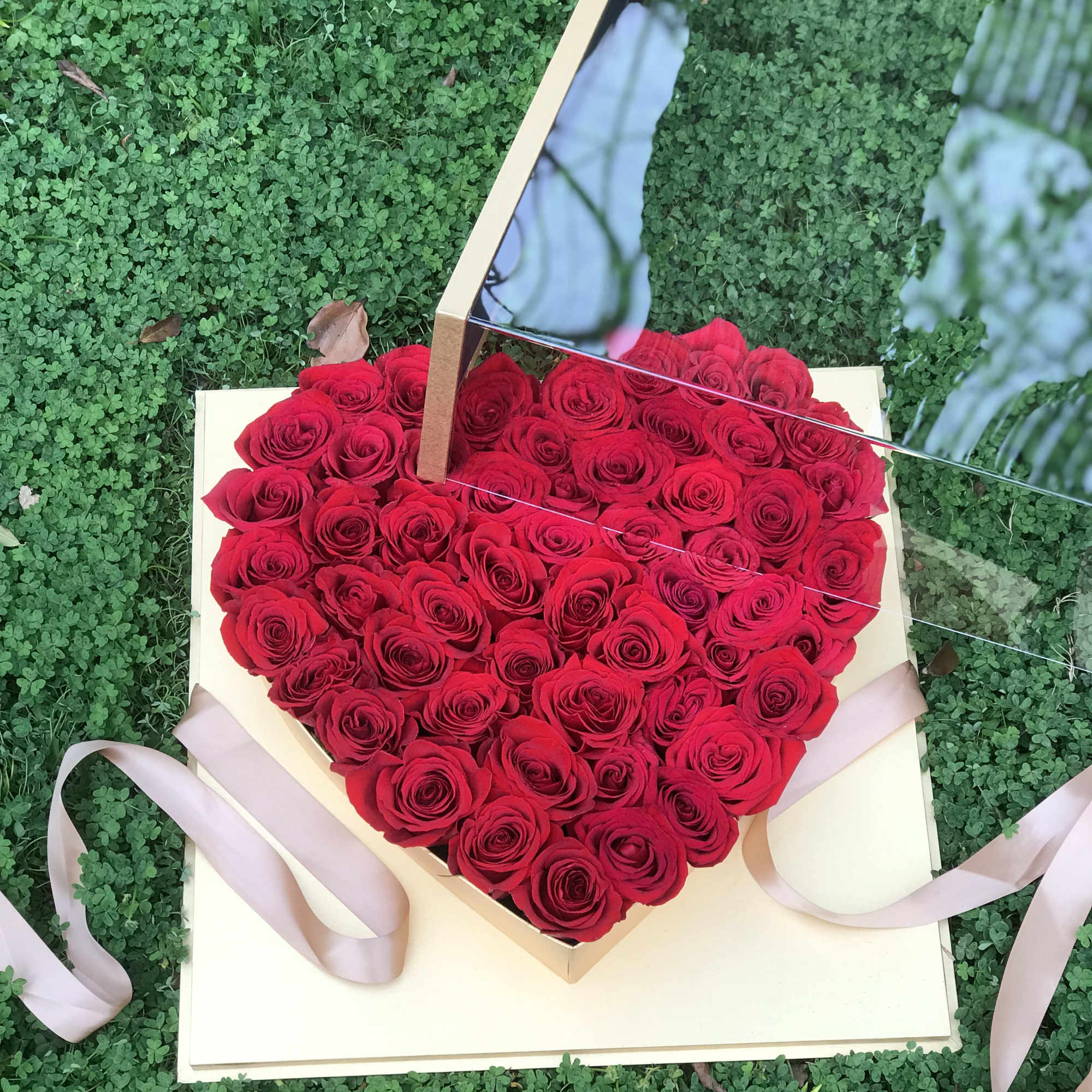 Heart-shaped box filled with red roses and pink ribbon