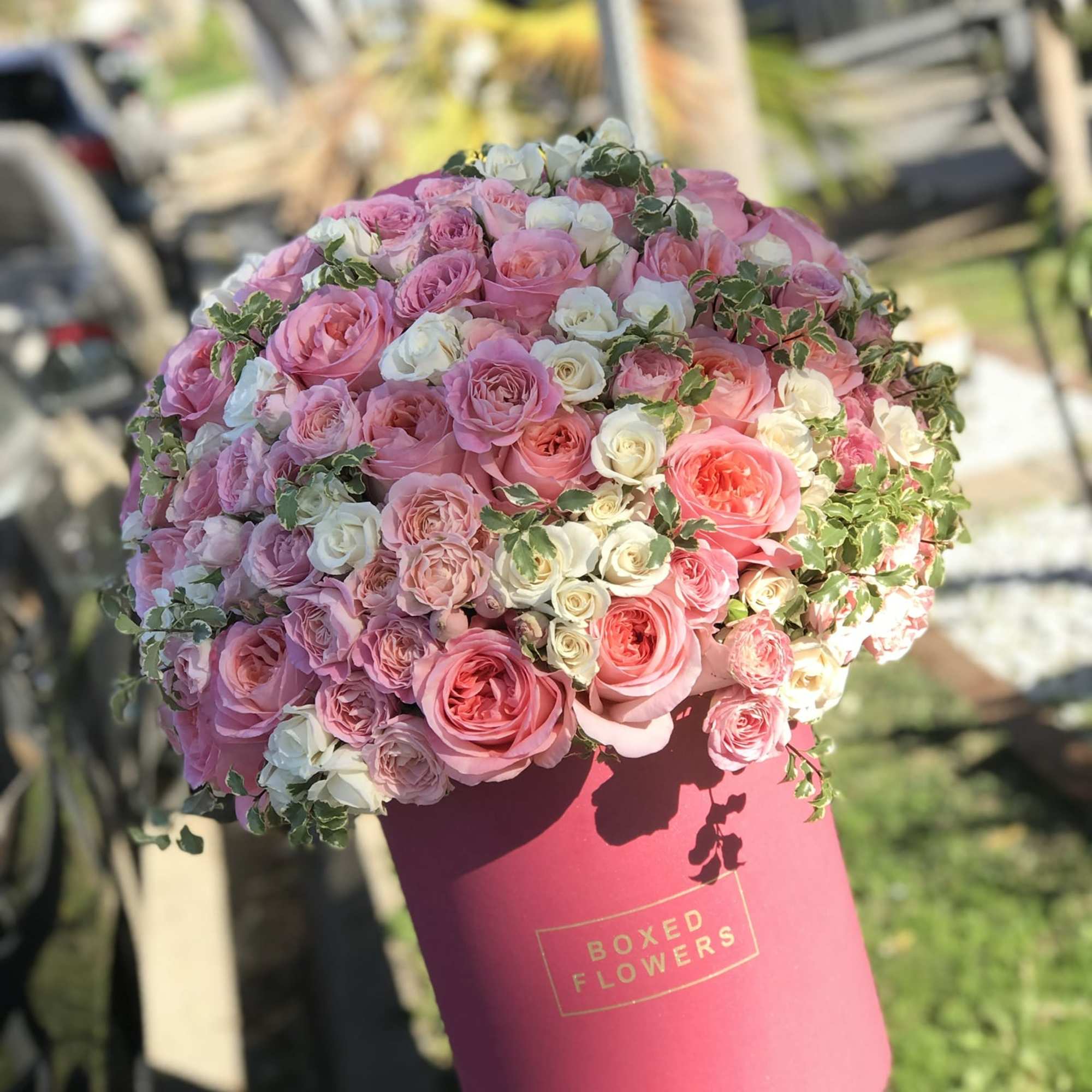 Large bouquet of pink and white roses in a pink box
