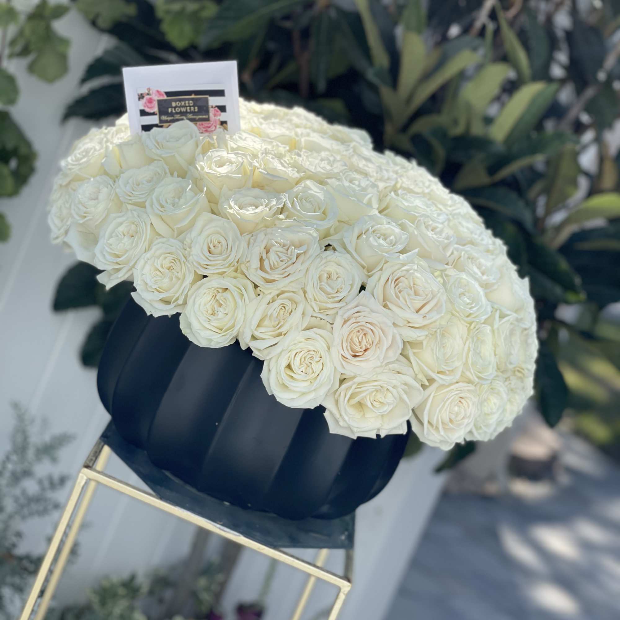 Black ceramic vase filled with 65 beautiful white roses. 

You can change