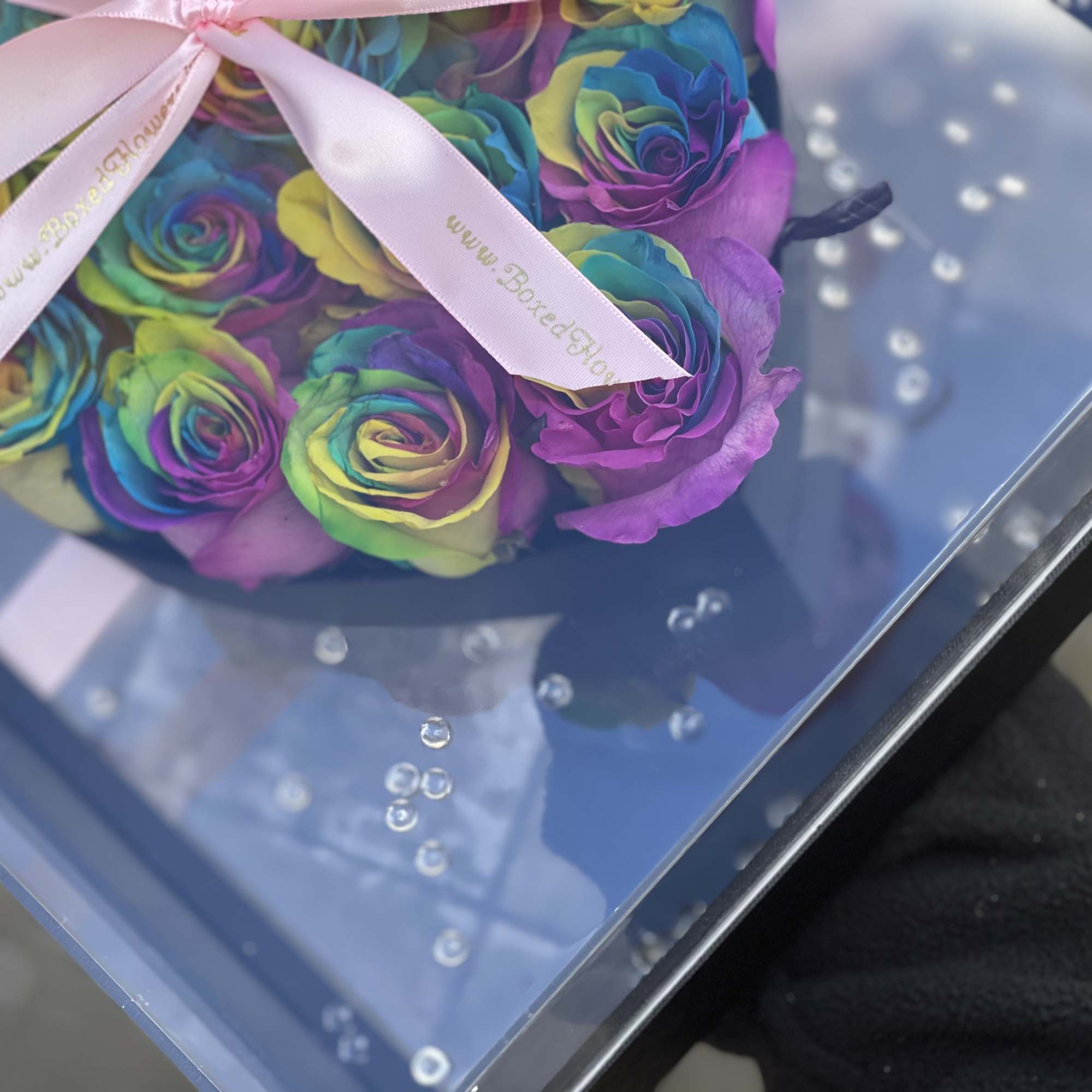 Rainbow roses tied with a pink ribbon in a clear box