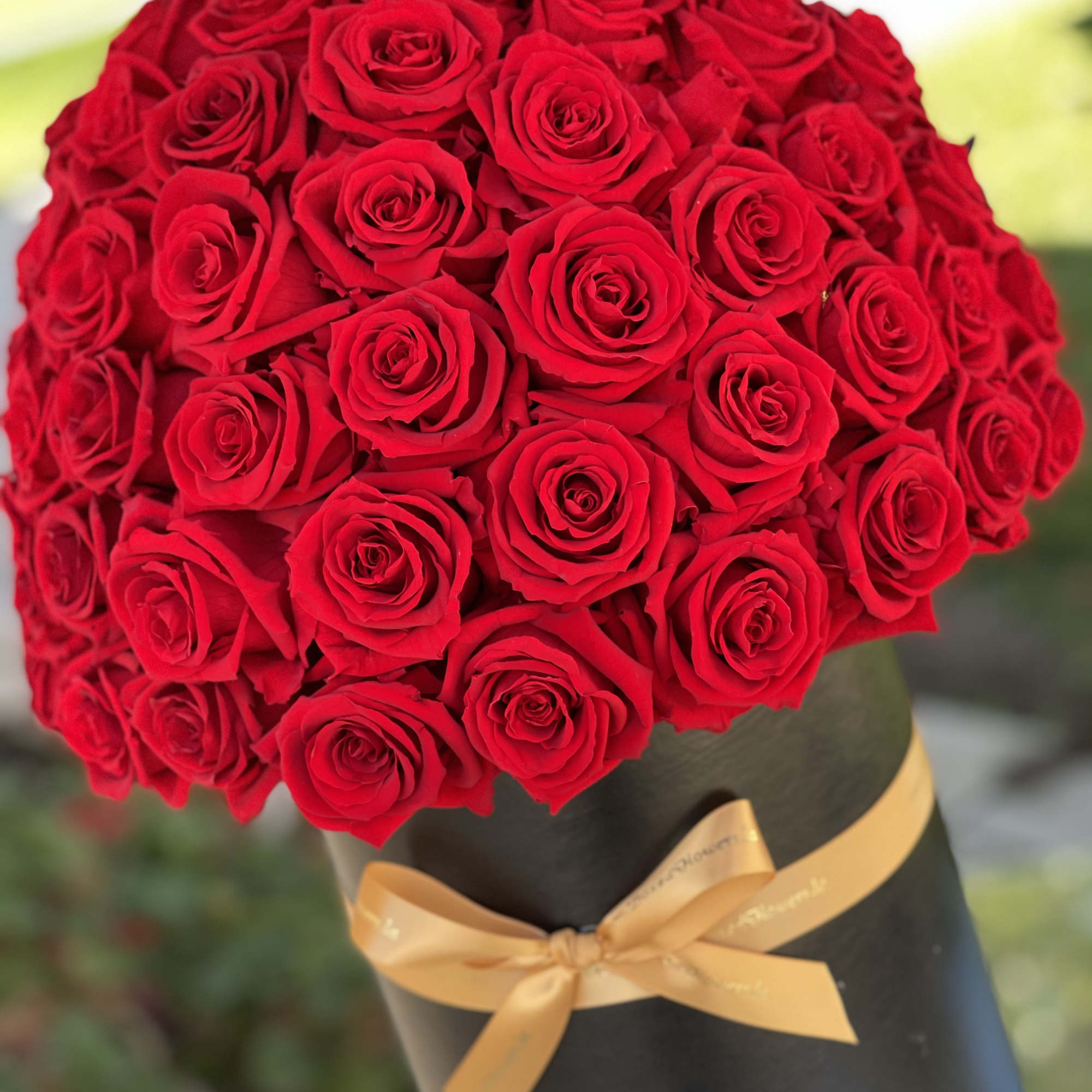 Bouquet of red roses wrapped in black paper with a gold ribbon