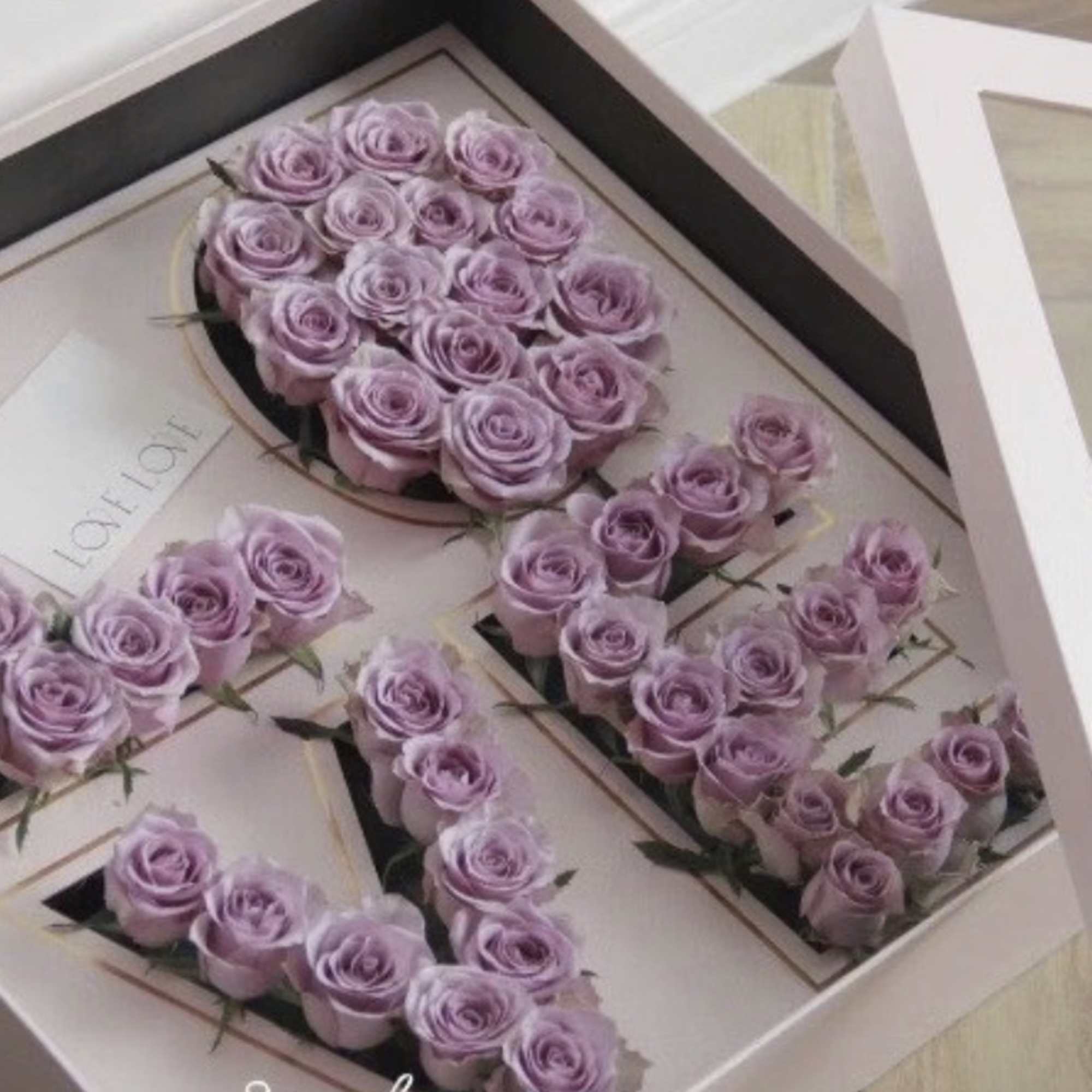 Lavender roses arranged in the shape of the number 4 in a gift box