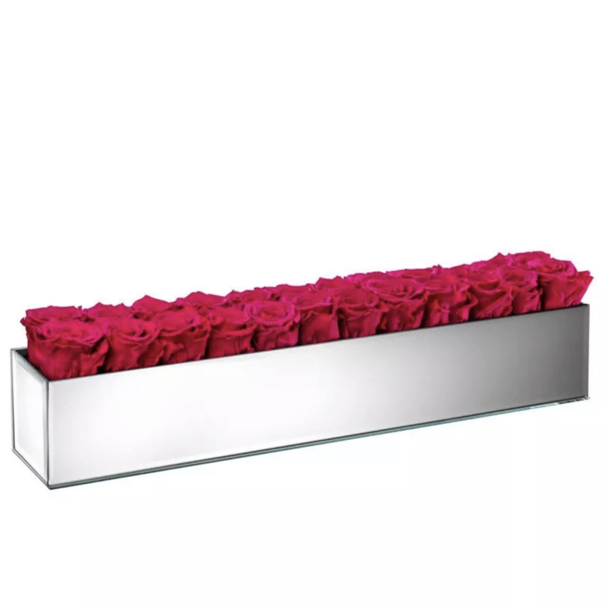Long rectangular silver box filled with hot pink roses