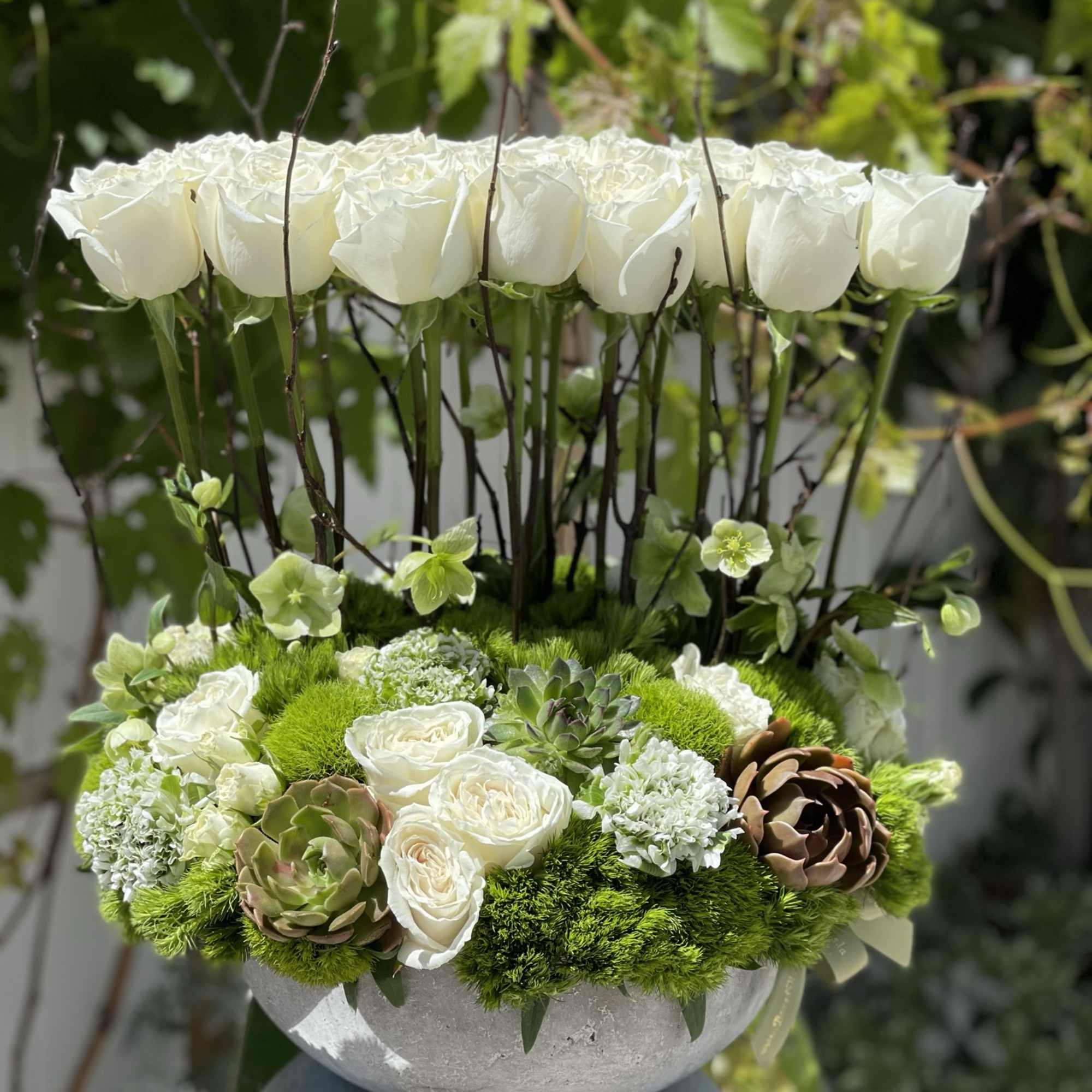 White roses and green succulents arranged in a round bowl vase