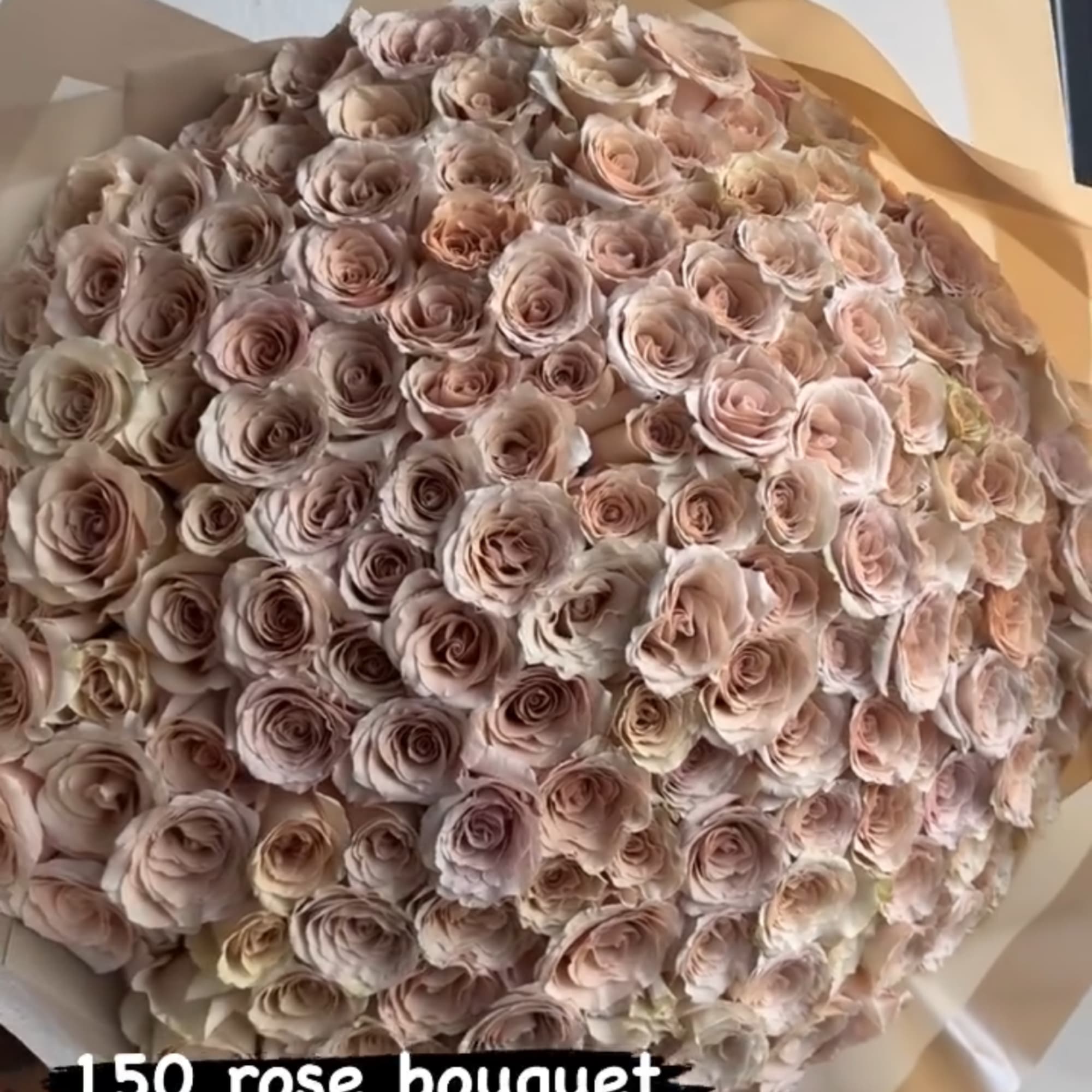 Large bouquet of pale pink roses wrapped in tan paper