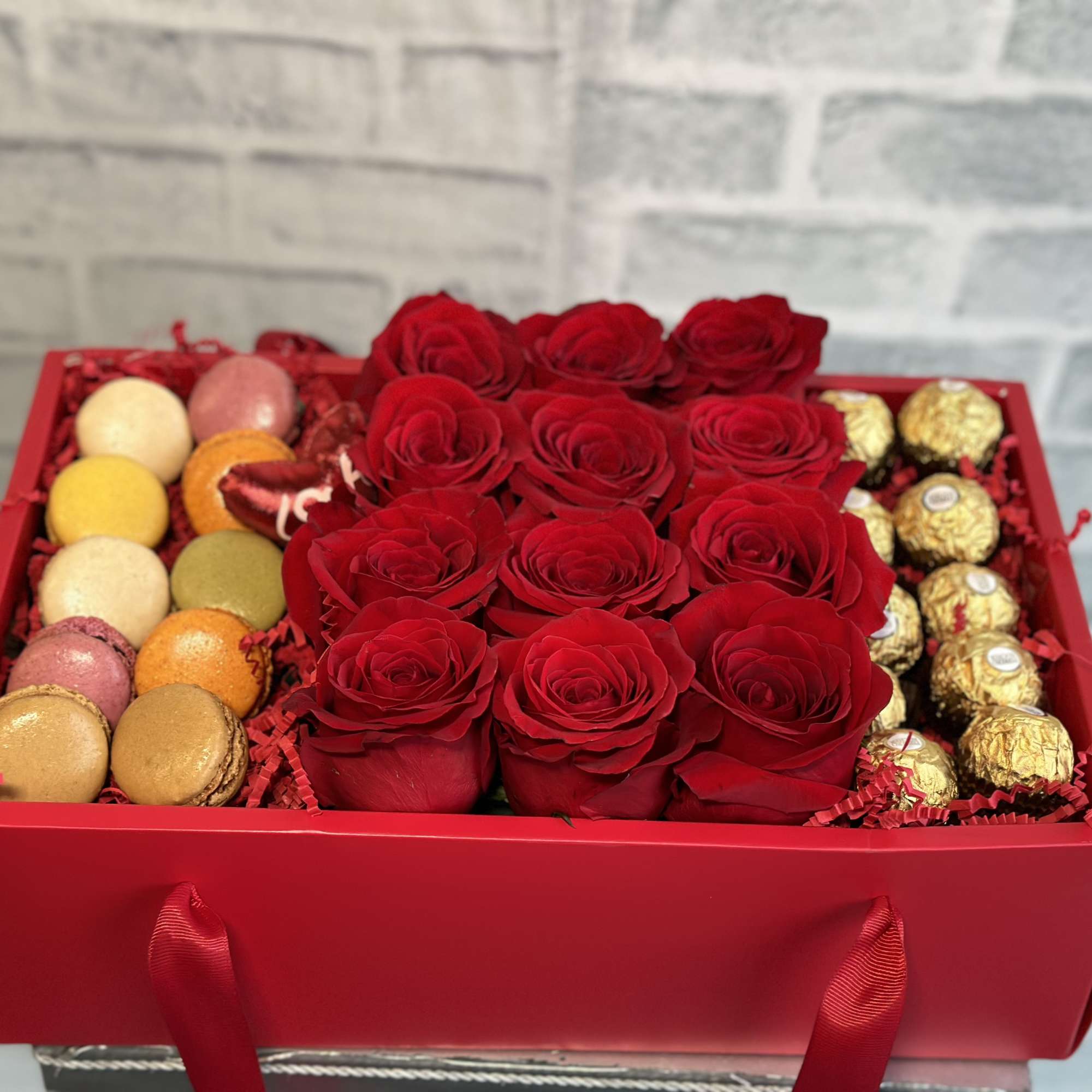 Red roses in a gift box with macarons and chocolates, photo 5 of 5