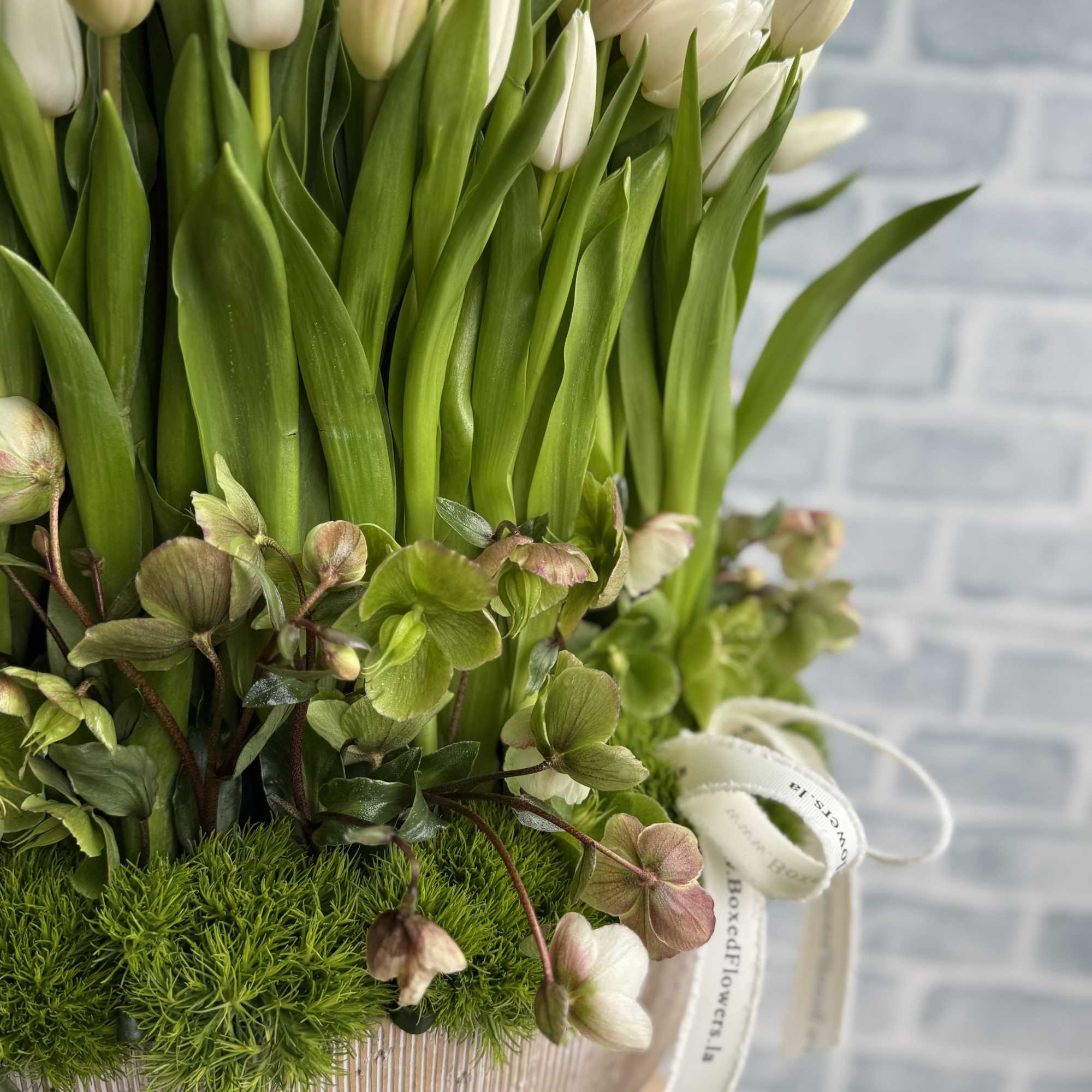 White tulips arranged in a ribbed vase with green accents
