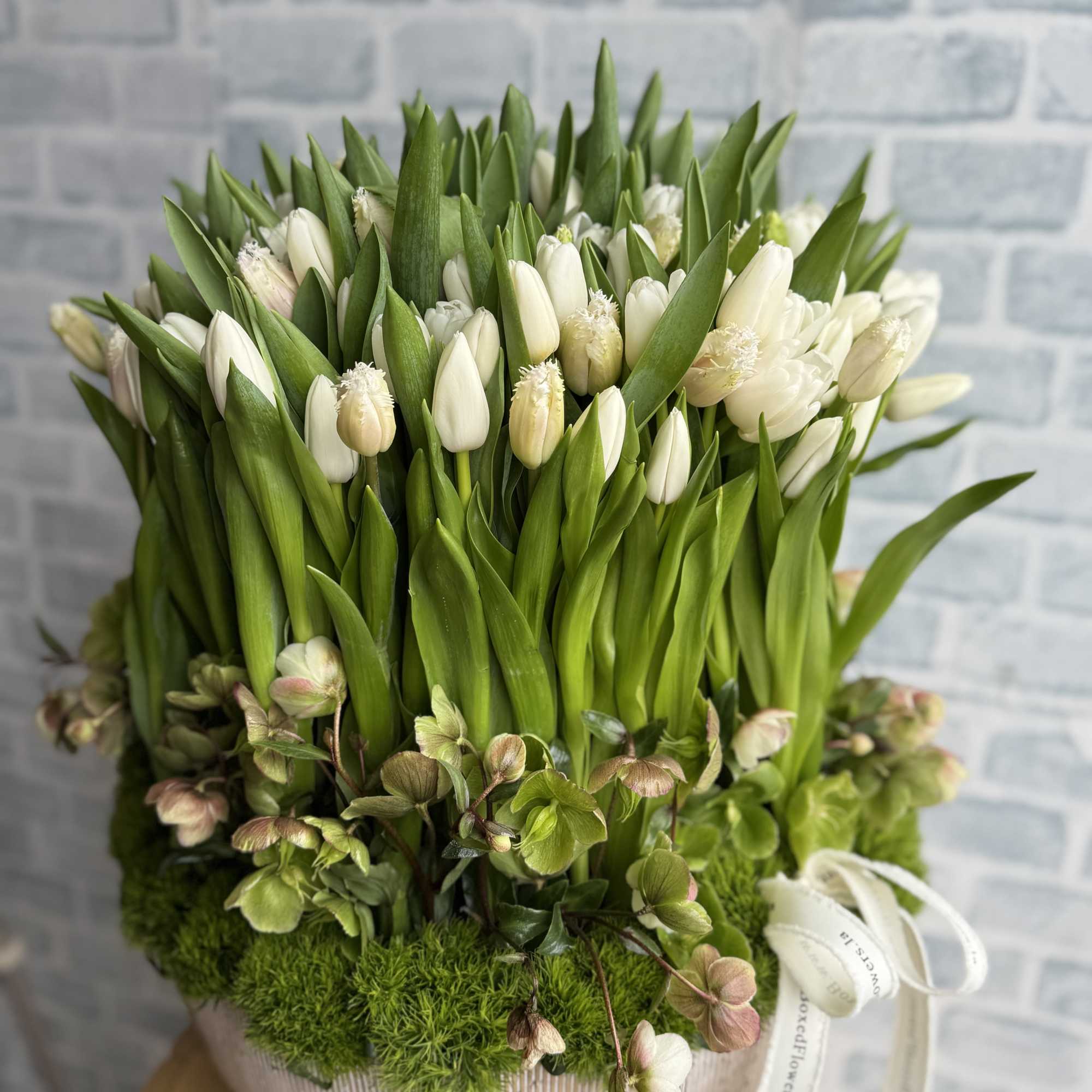 145 white beautiful tulips arranged in a stunning arrangement. 