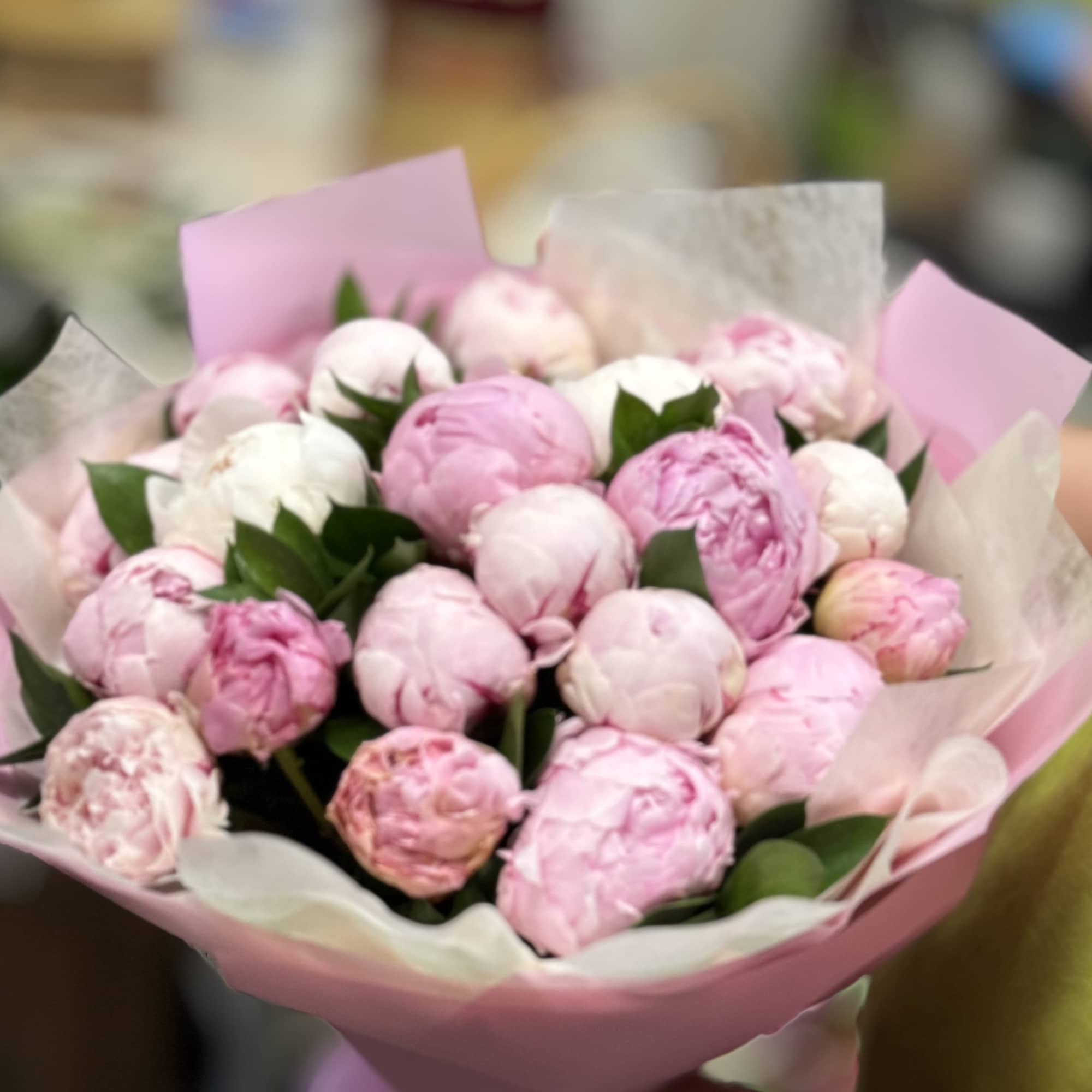 Bouquet of pink and white peonies wrapped in pink paper, photo 2 of 2