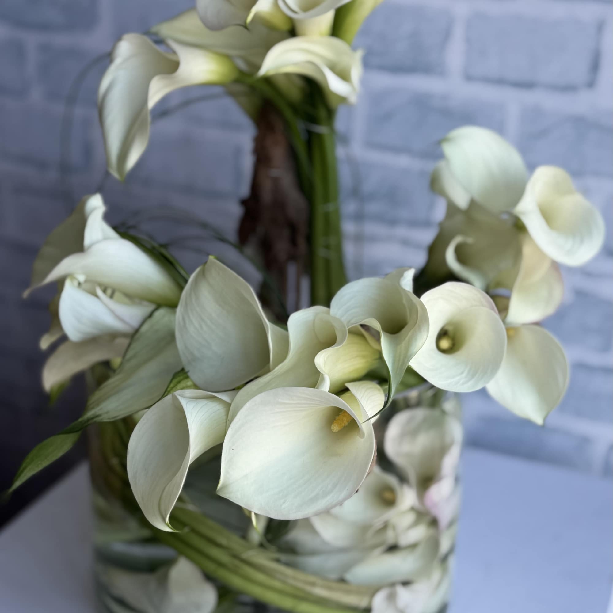 White calla lilies arranged in a glass vase