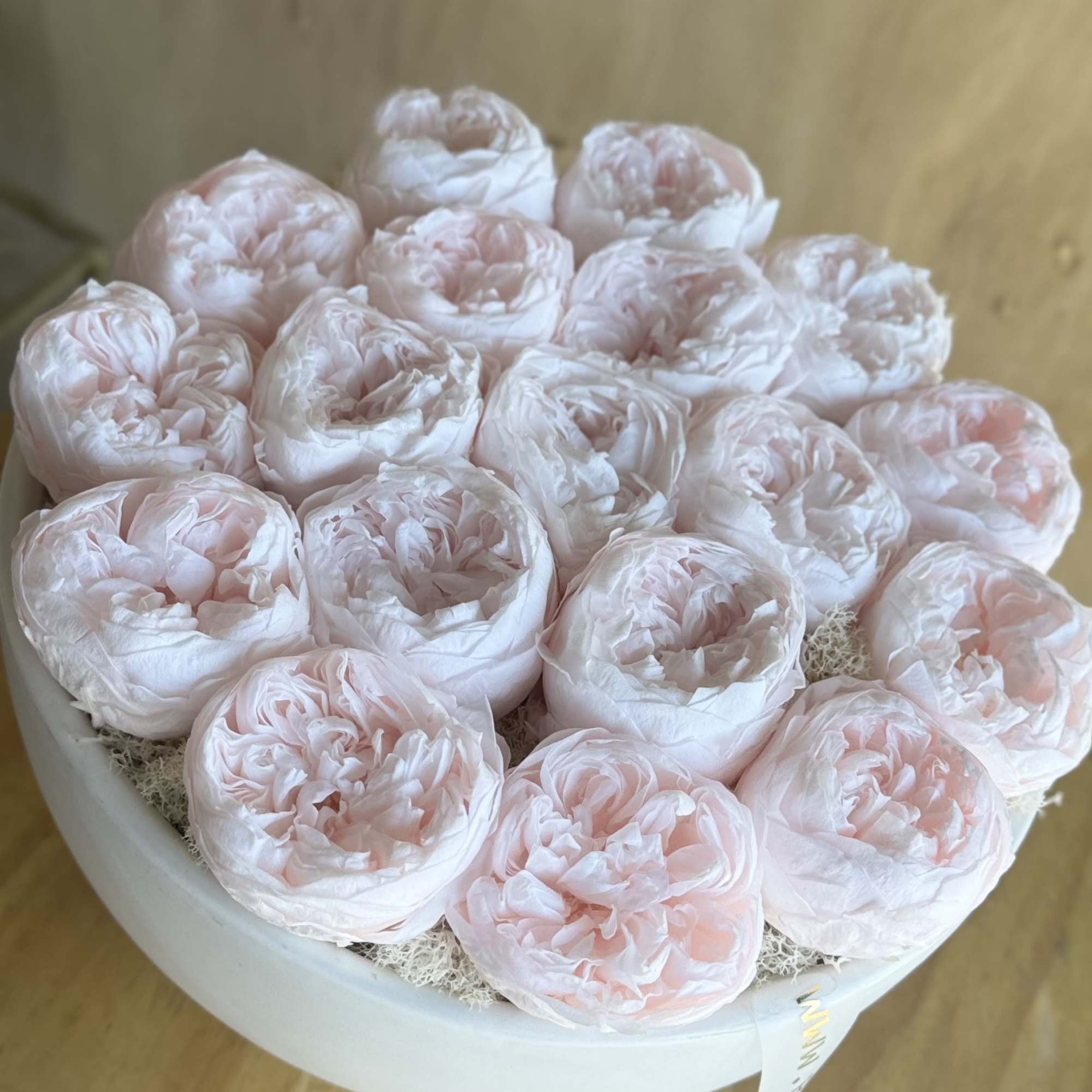 Round box of pale pink peony-like blooms