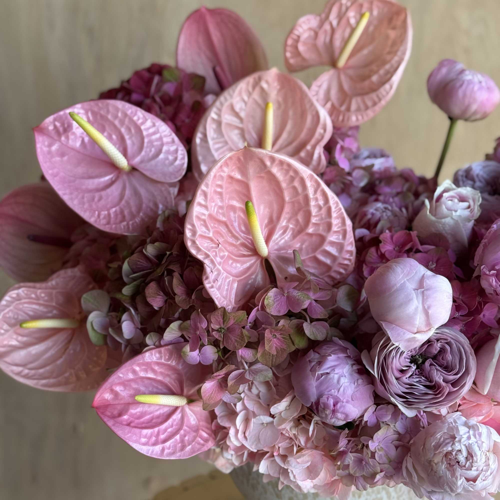 Pink anthuriums and hydrangeas arranged in a white bowl vase