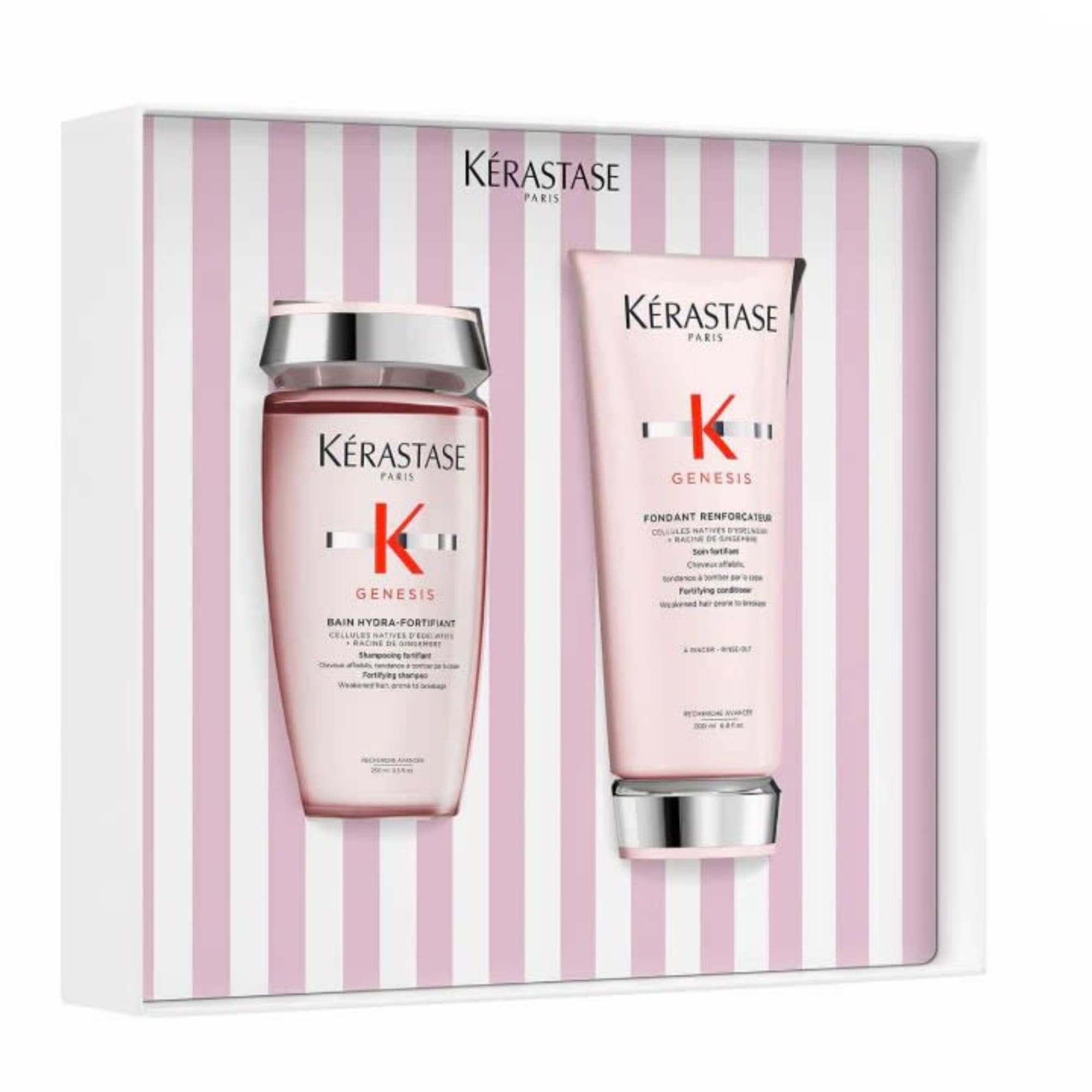 Pink Kérastase hair care gift set in striped box