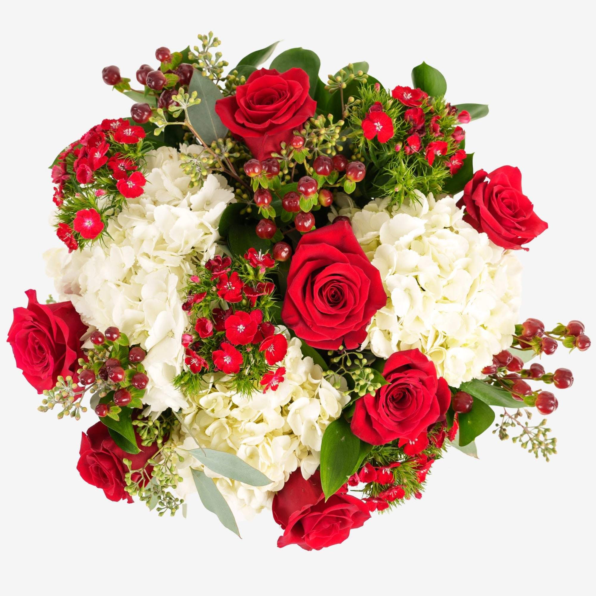 Bouquet of red roses and white hydrangeas with small red filler flowers