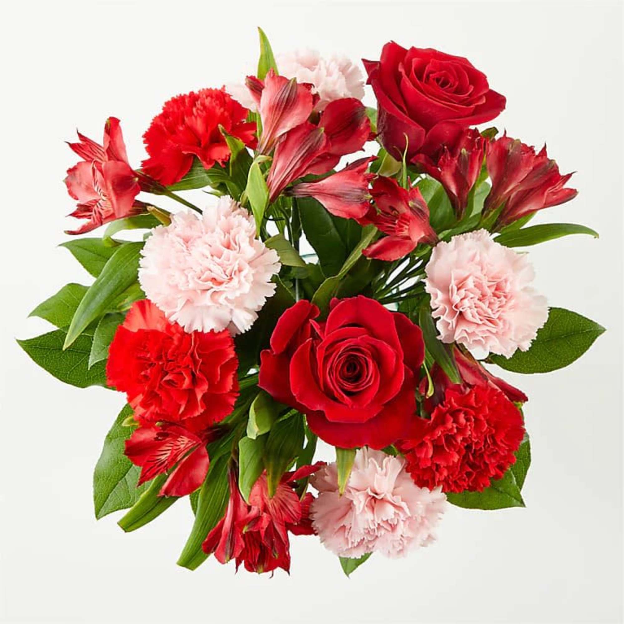 Bouquet of red roses, red alstroemeria, and pink carnations
