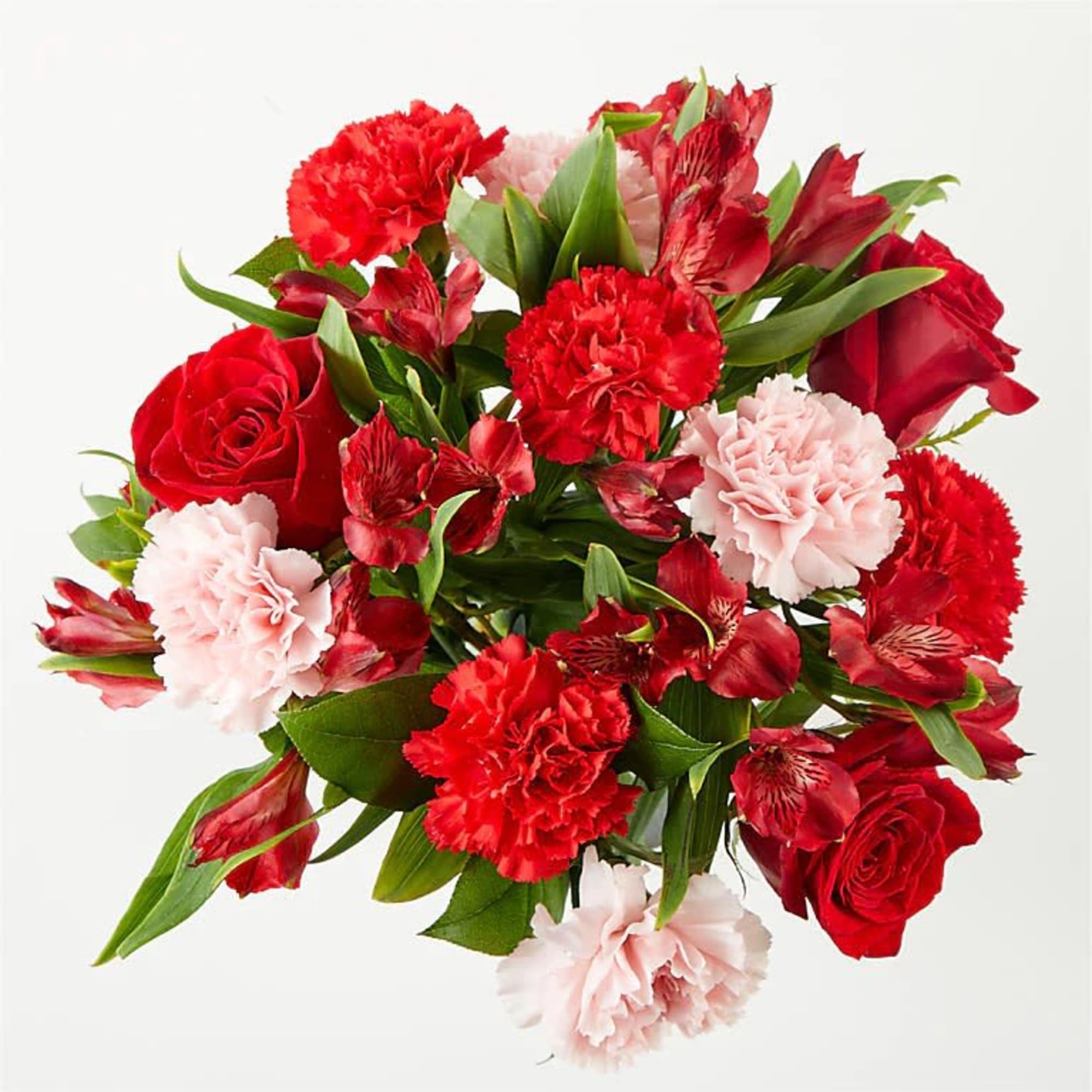 Bouquet of red roses, carnations, and alstroemeria with green foliage