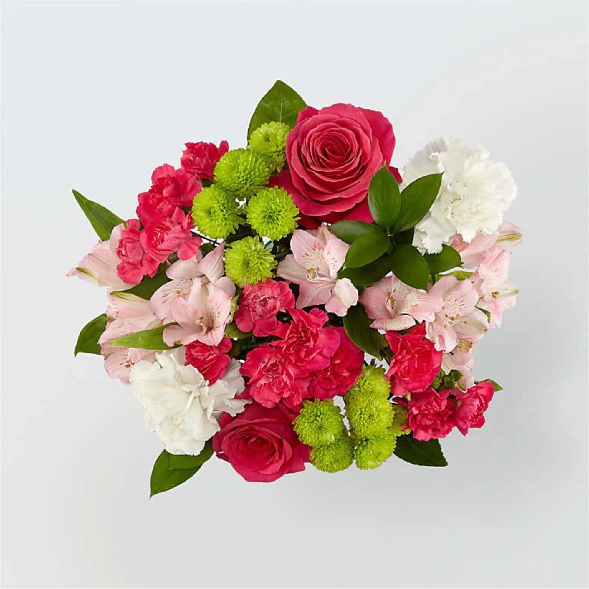 Bouquet of pink roses, carnations, alstroemeria, and green pompons