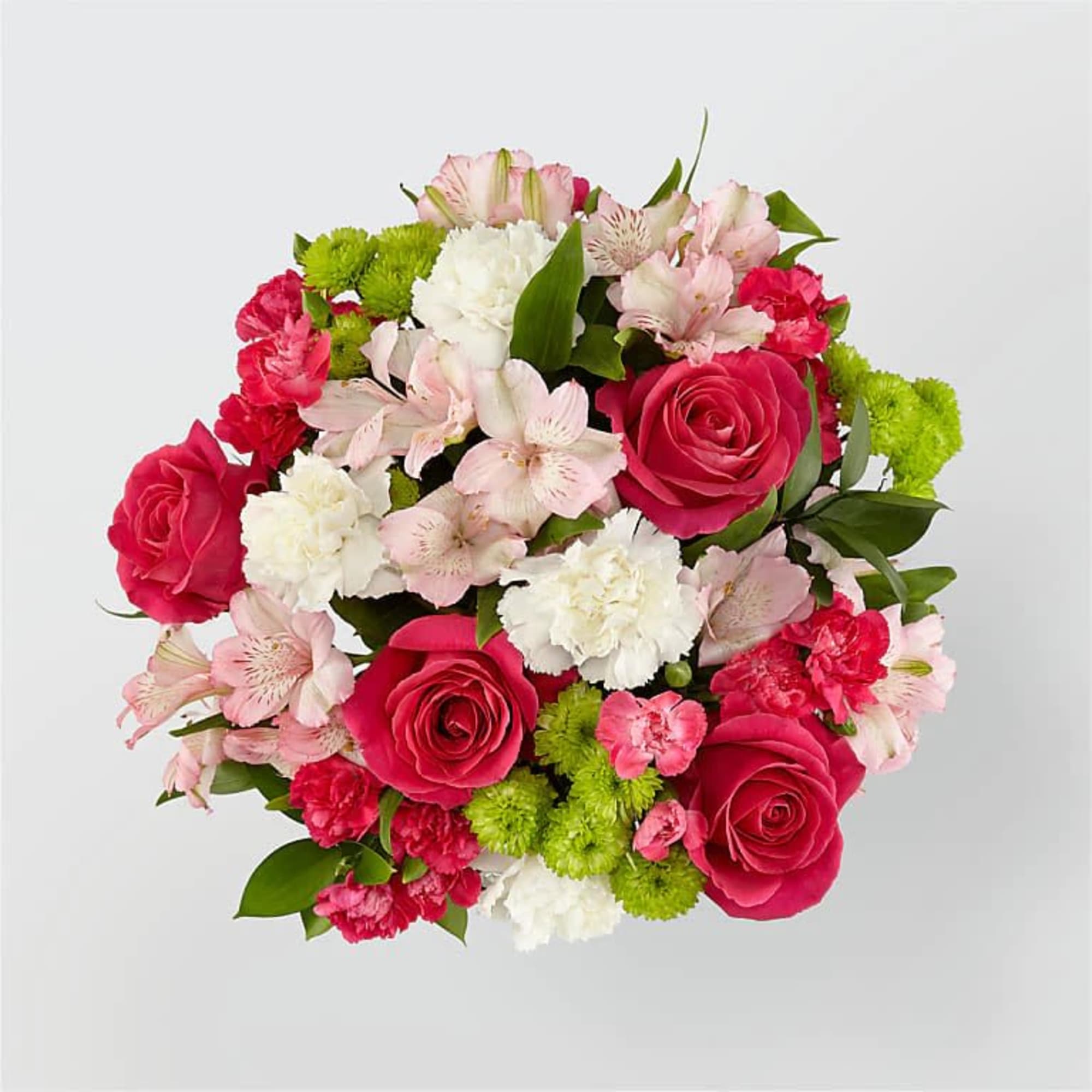 Bouquet of pink roses, white carnations, and pale pink alstroemeria