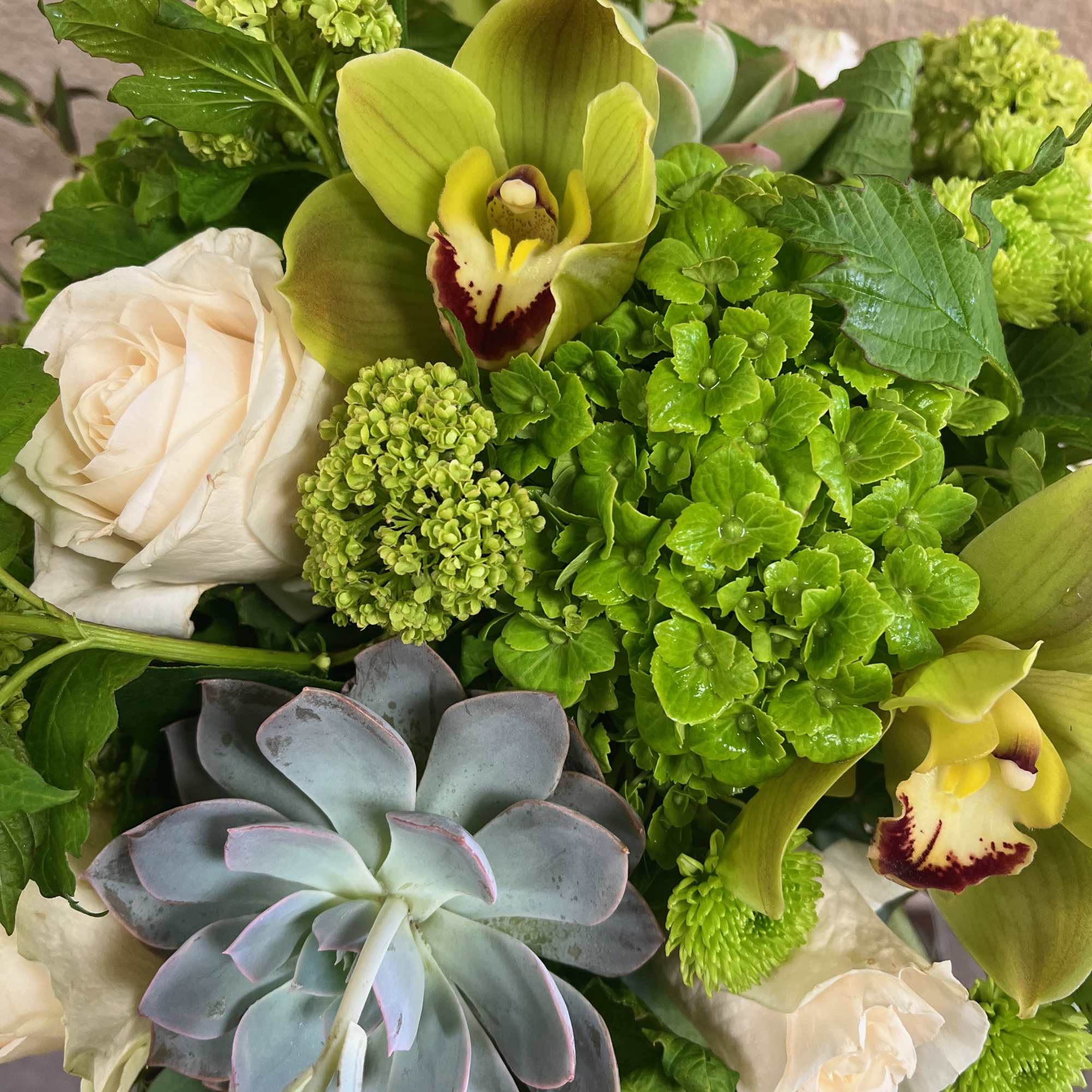 Green bouquet with orchids, roses, and a succulent