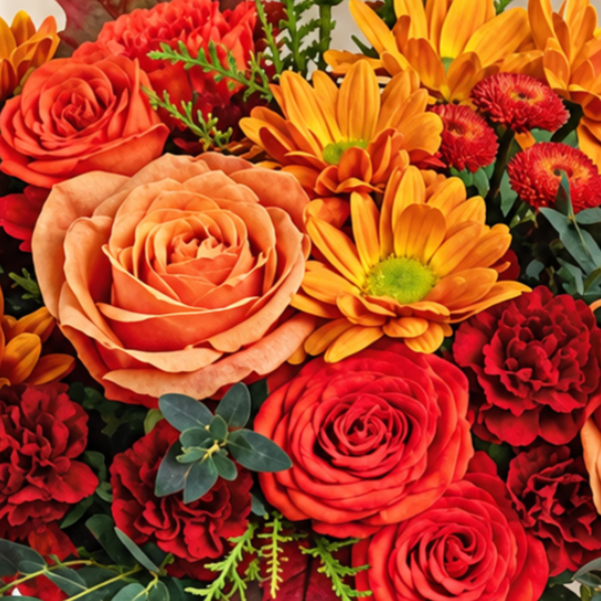 Close-up bouquet of orange roses, yellow daisies, and red carnations