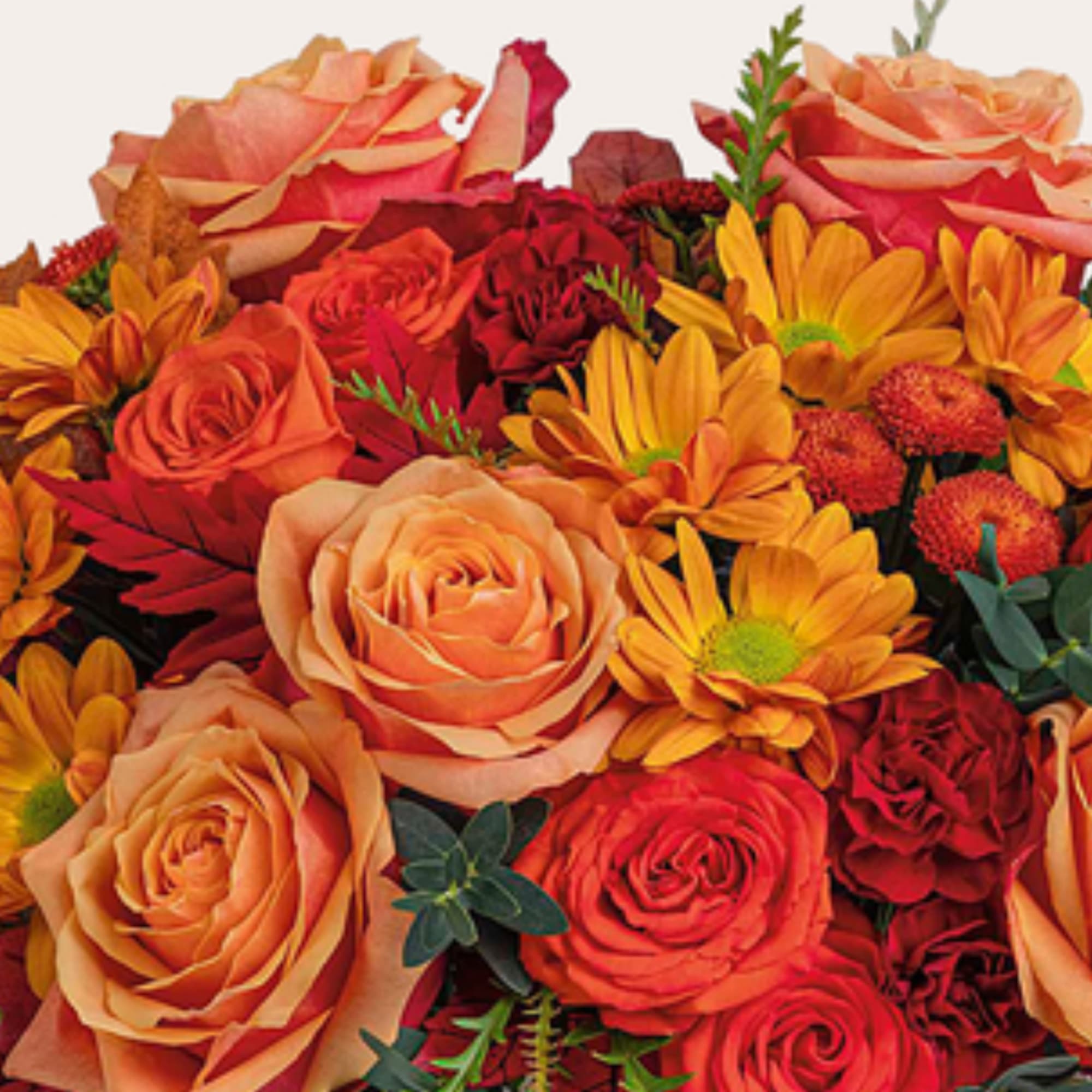 Bouquet of orange and red roses with yellow daisies