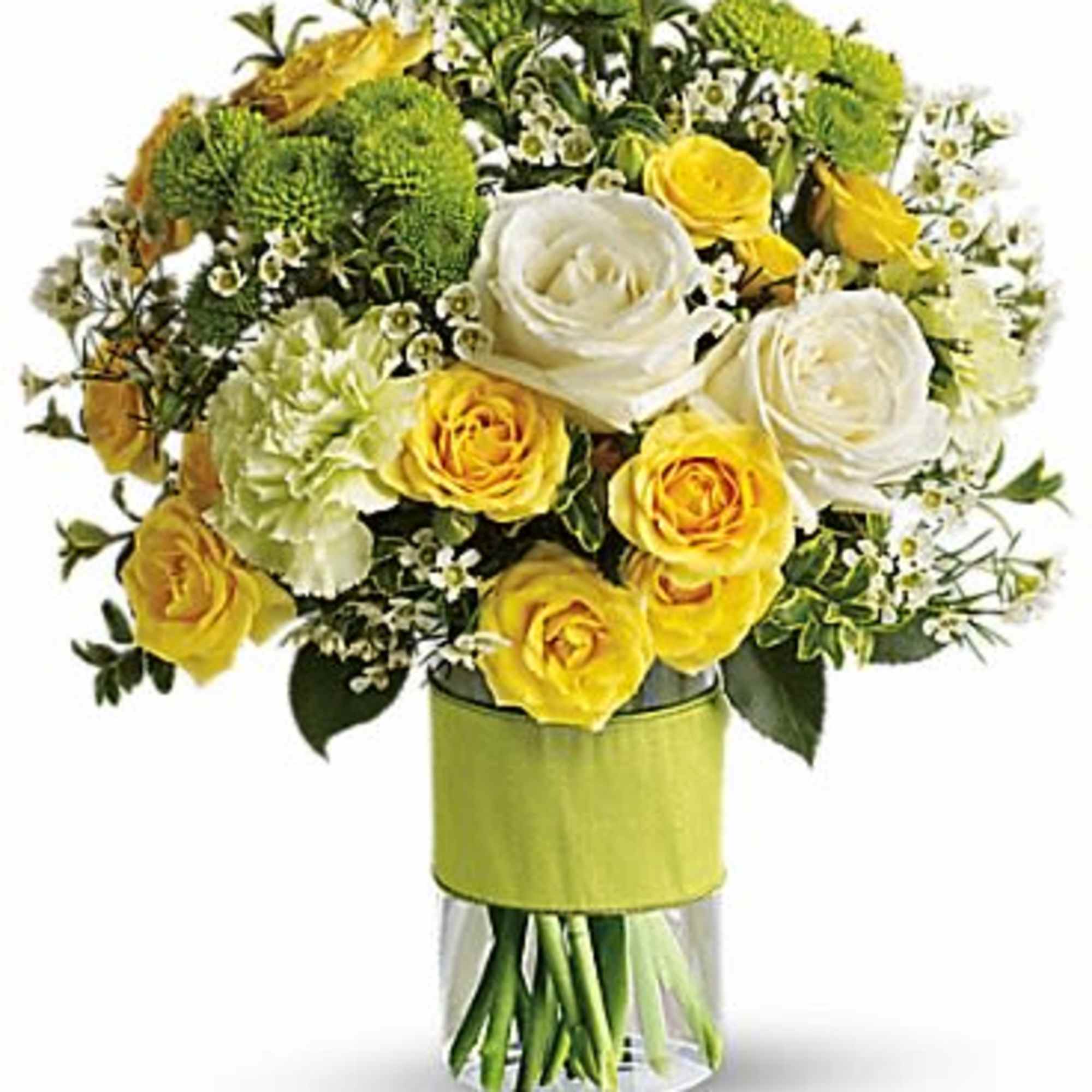 Bouquet of yellow and white roses in a clear glass vase