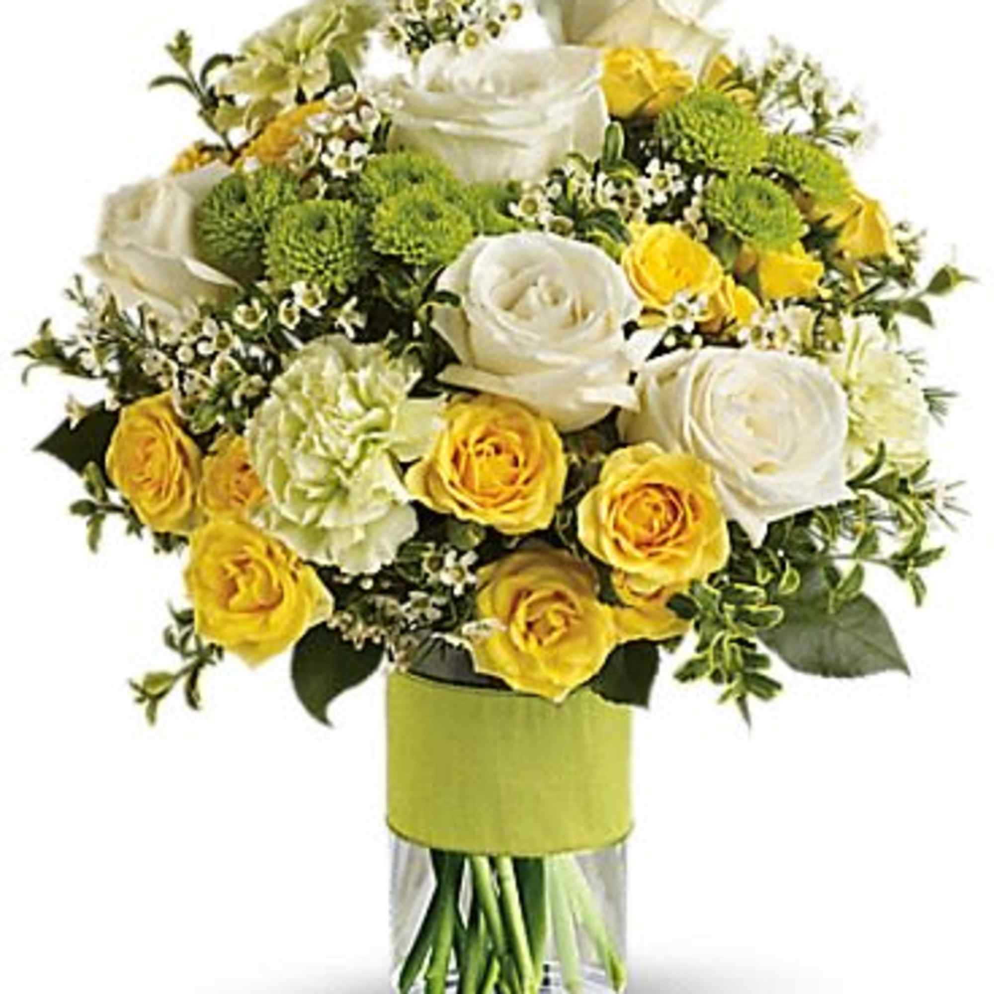 Yellow and white rose bouquet in a clear glass vase